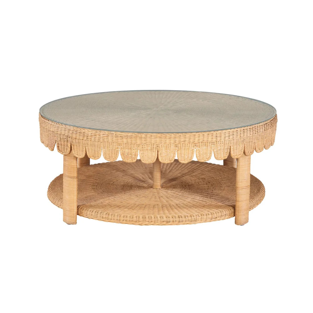 Scalloped Round Coffee Table With Tempered Glass Top - TES