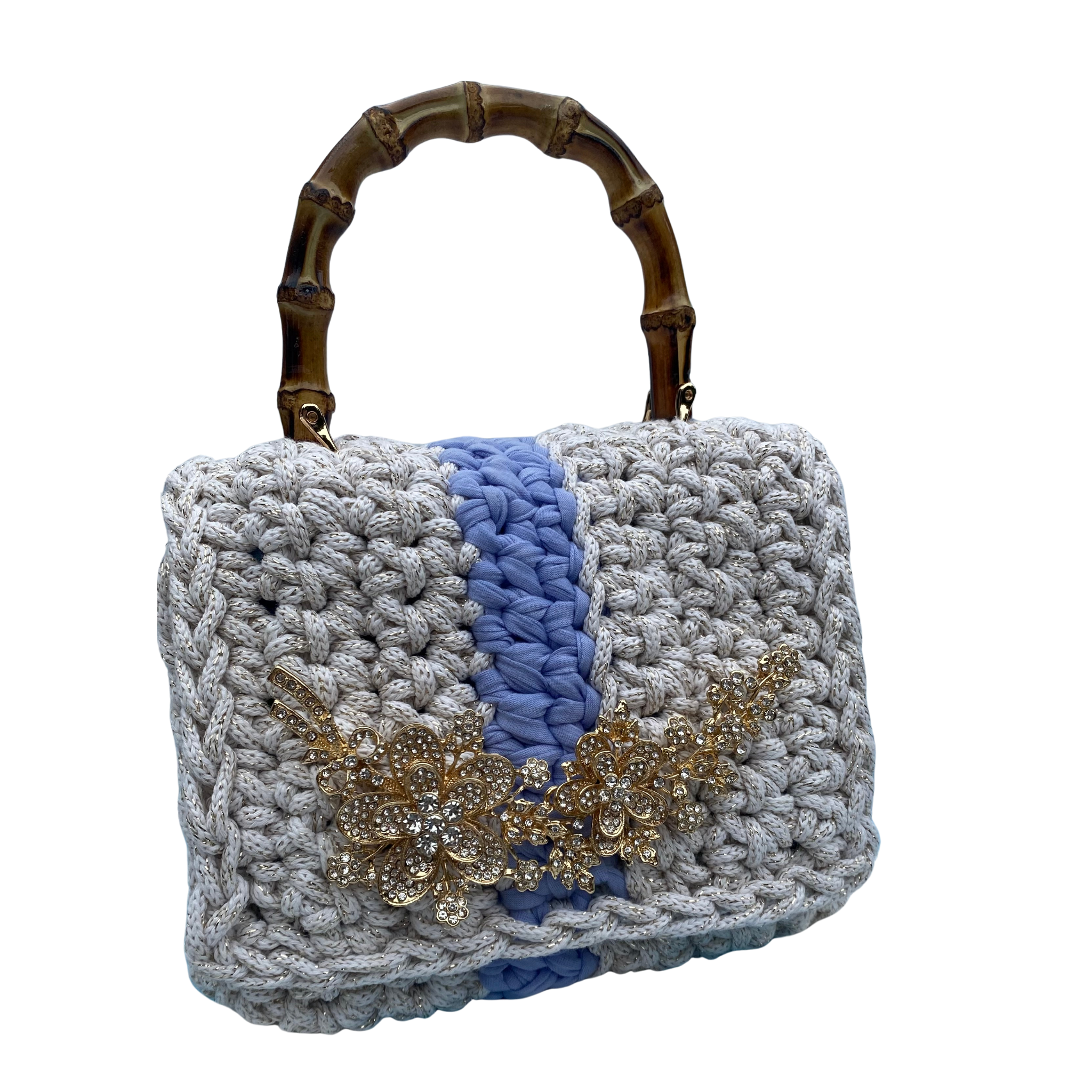 "Queen Bag" with Brooch in Gold Fleck/Peri Stripe - TEN EASY STREET