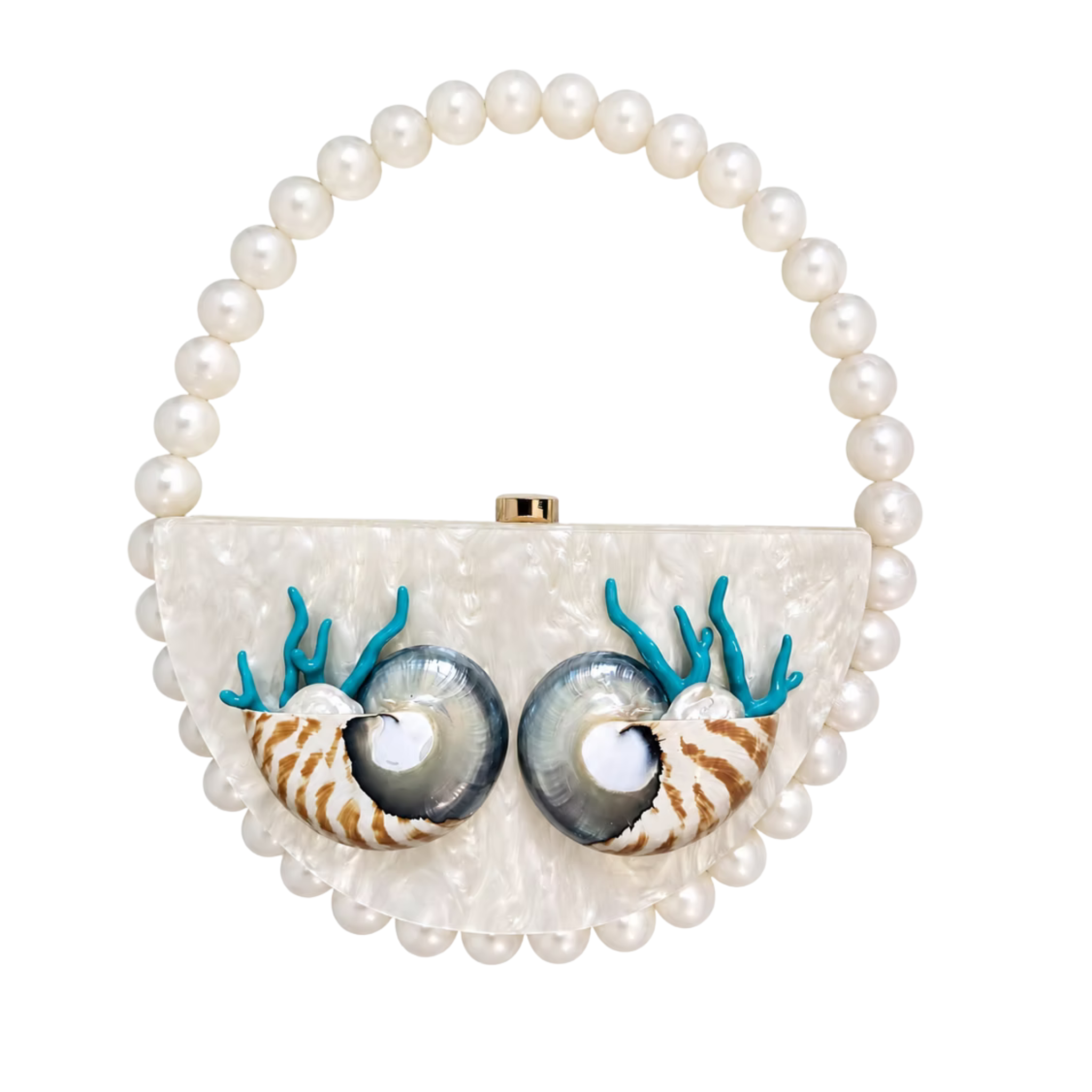 A pearl-bead clutch handbag with a mother-of-pearl semi-circular body, two large seashell eyes with blue coral-like accents, and a small gold clasp, shown on a plain white background.