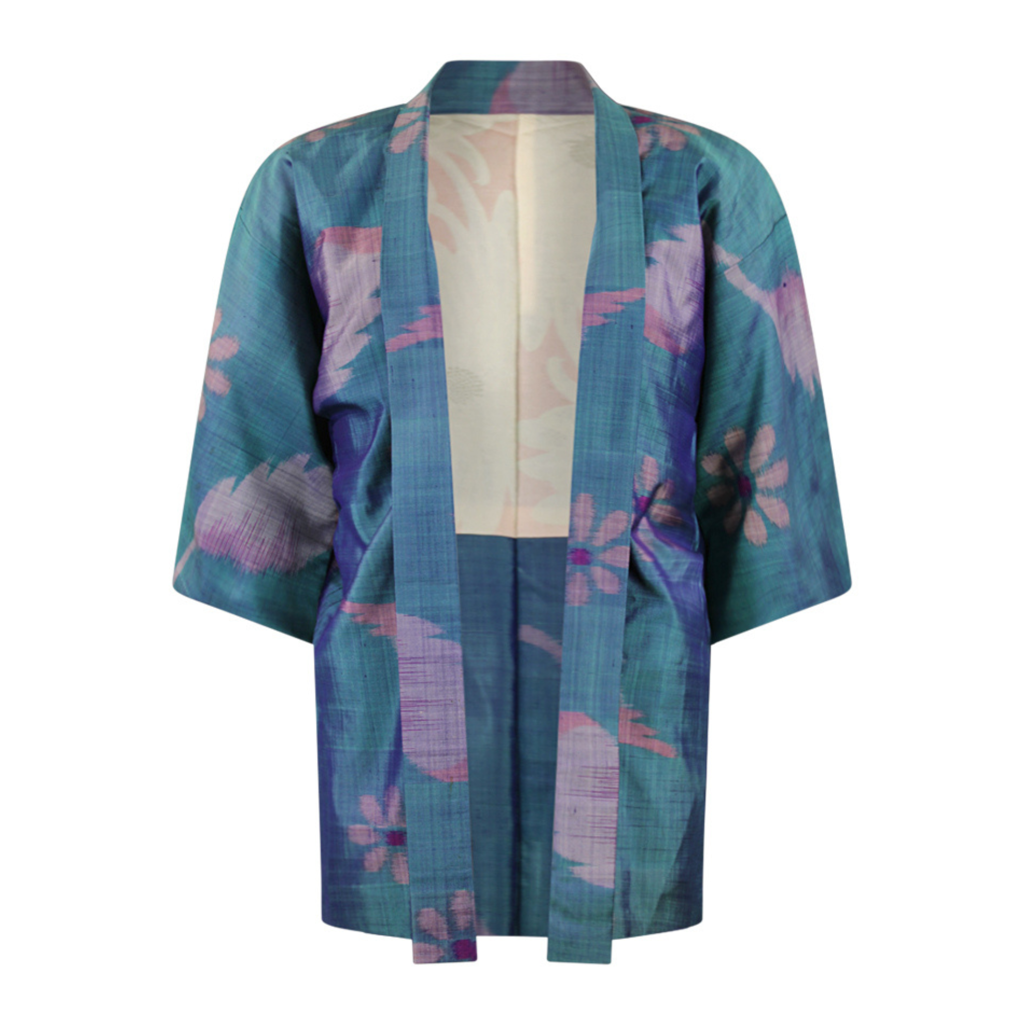 Blate Blue Silk Kimono Jacket with Woven Purple Flowers - Ten Easy Street