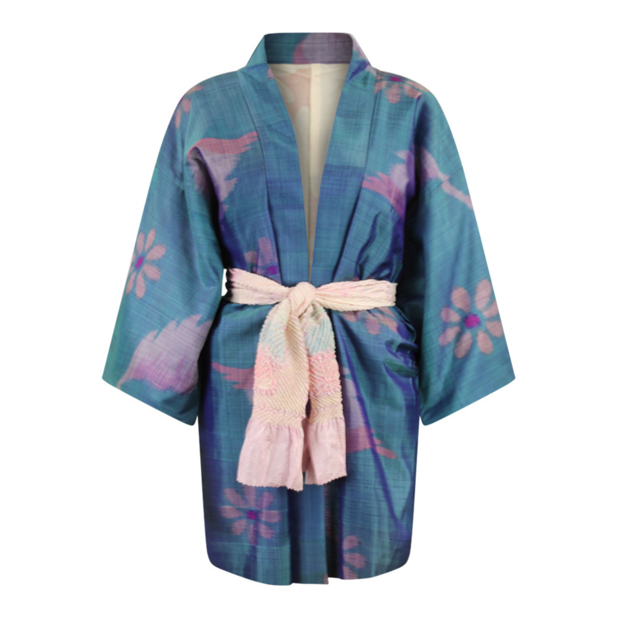 Blate Blue Silk Kimono Jacket with Woven Purple Flowers - Ten Easy Street