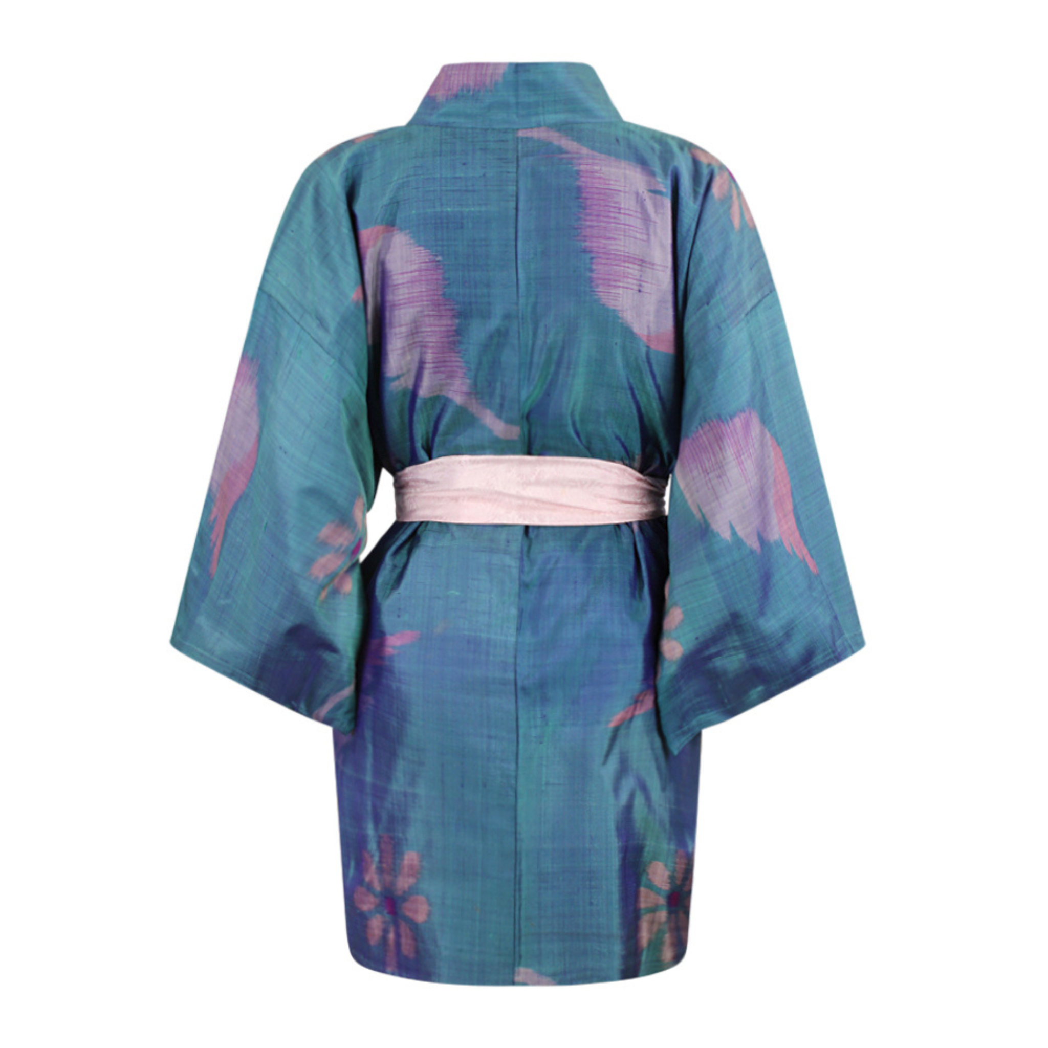 Blate Blue Silk Kimono Jacket with Woven Purple Flowers - Ten Easy Street