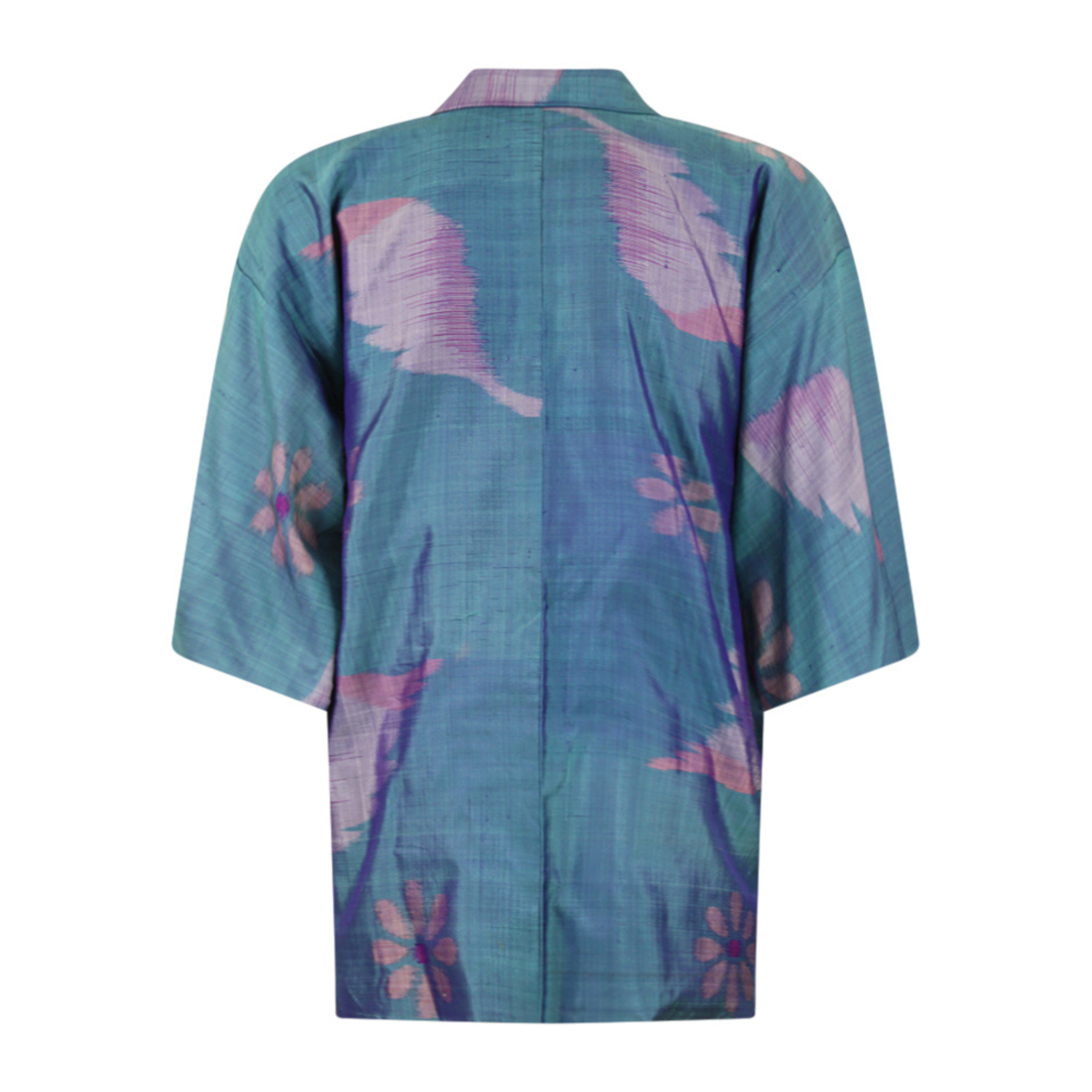 Blate Blue Silk Kimono Jacket with Woven Purple Flowers - Ten Easy Street