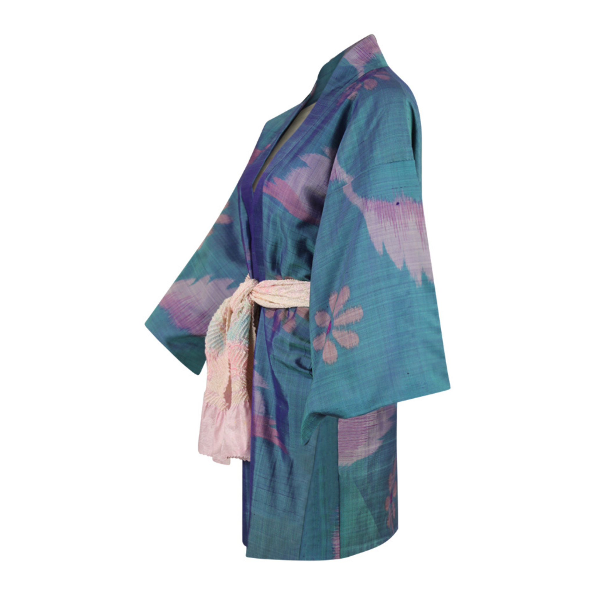 Blate Blue Silk Kimono Jacket with Woven Purple Flowers - Ten Easy Street