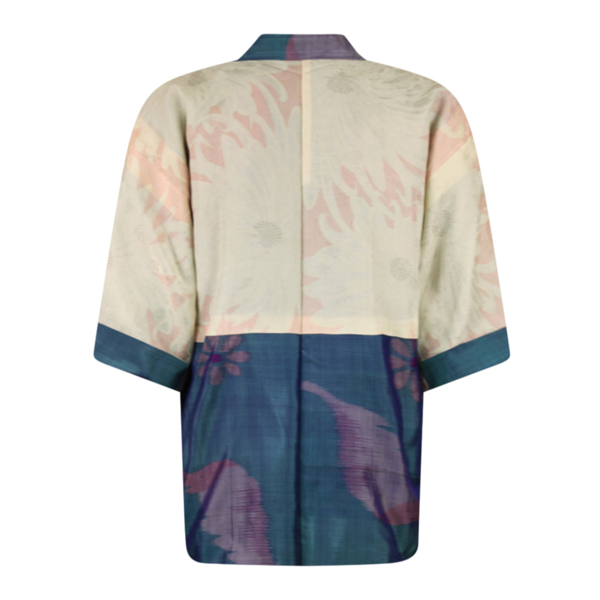 Blate Blue Silk Kimono Jacket with Woven Purple Flowers - Ten Easy Street