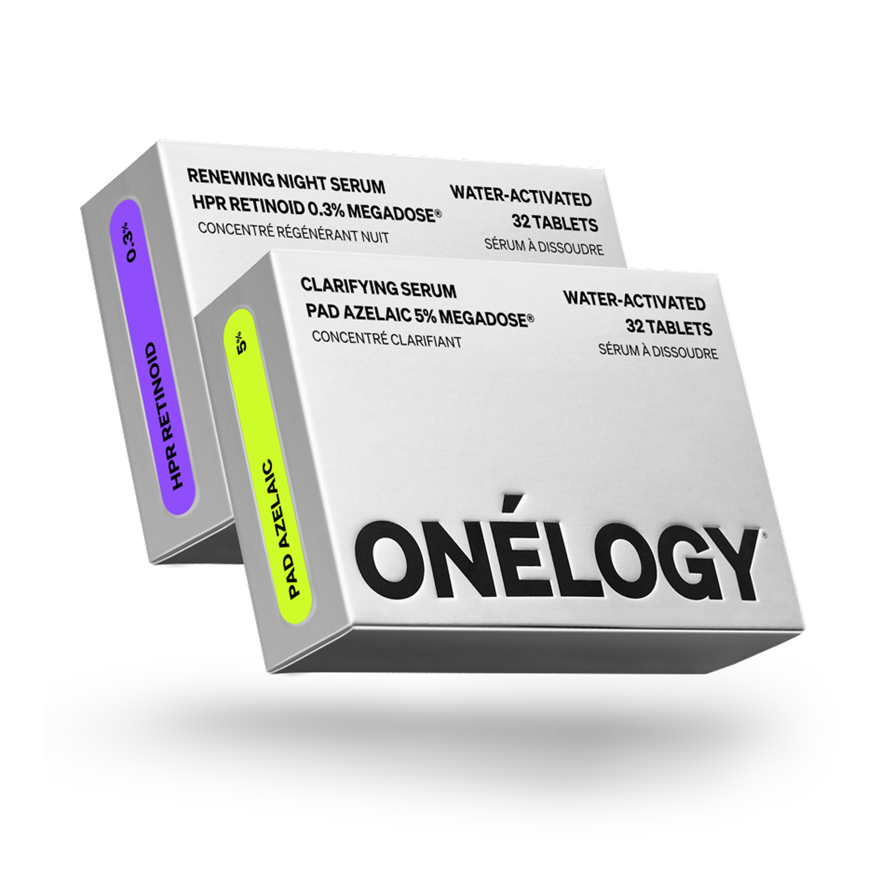 Two boxes of Onélogy skincare products on a white background