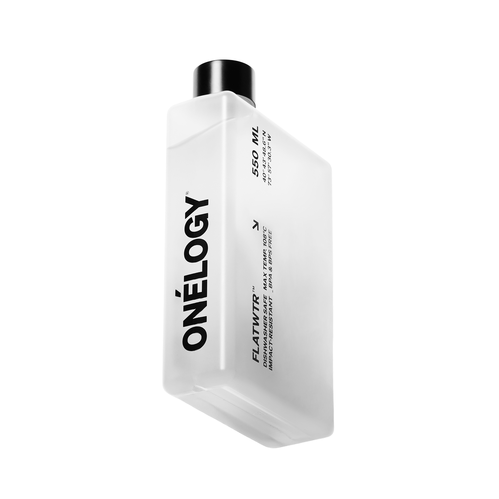 Clear bottle with black cap and text on a white background