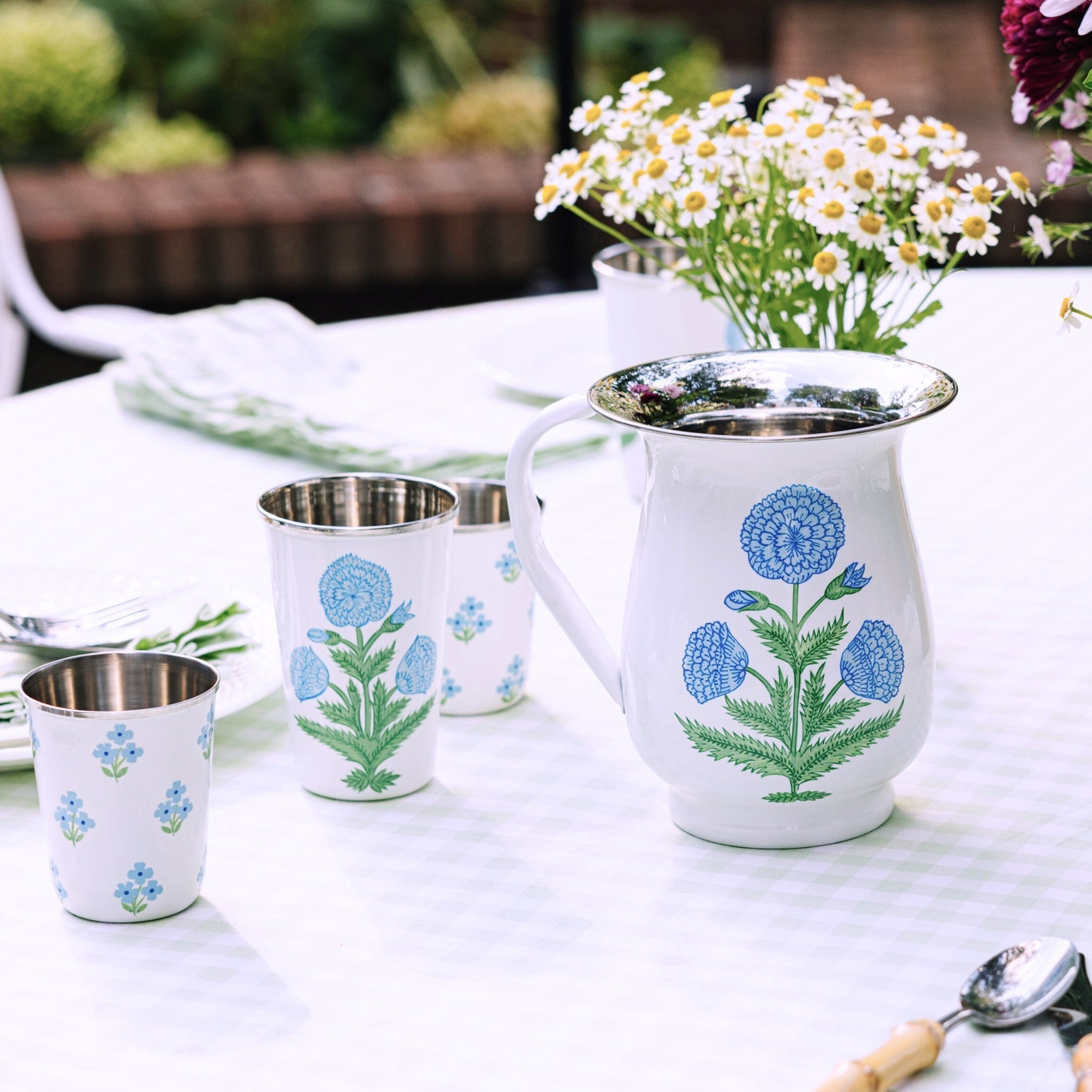 Floral Blue Short Enamelware Tumblers - Set of 4-Ten Easy Street