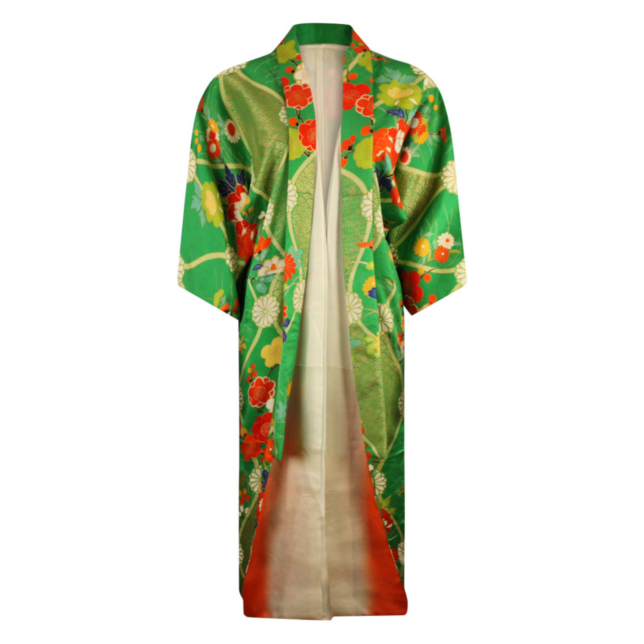 Green and Gold Silk Kimono Coat with Hand Painted Floral Design - Ten Easy Street