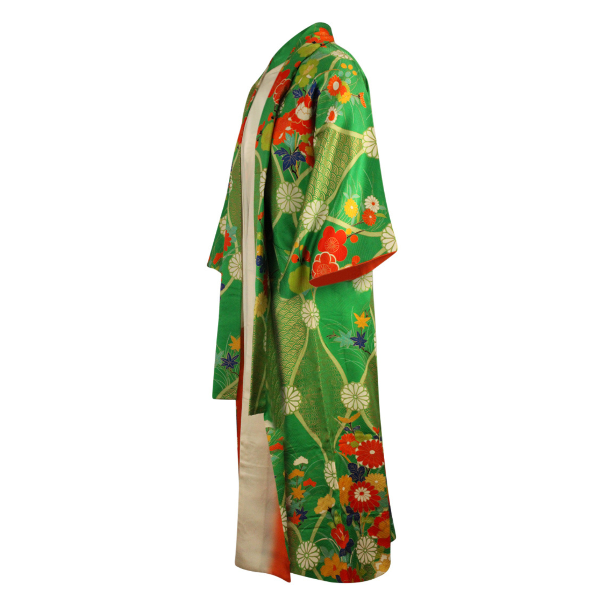 Green and Gold Silk Kimono Coat with Hand Painted Floral Design - Ten Easy Street