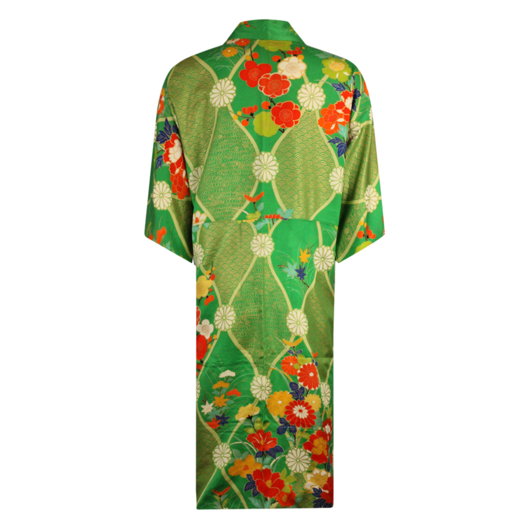Green and Gold Silk Kimono Coat with Hand Painted Floral Design - Ten Easy Street