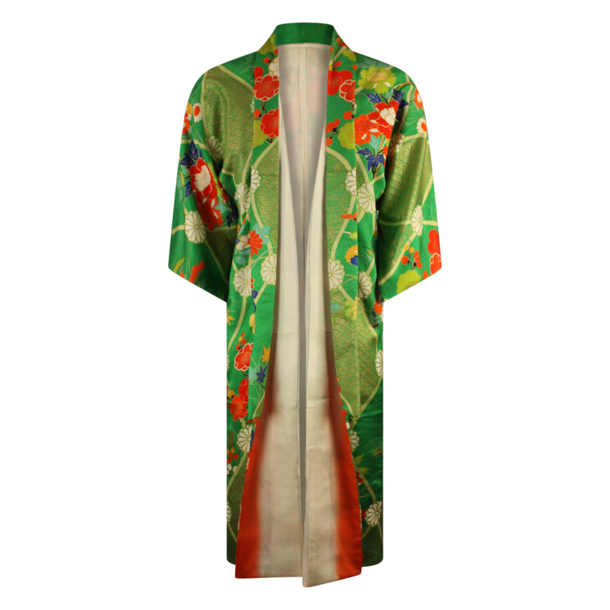 Green and Gold Silk Kimono Coat with Hand Painted Floral Design - Ten Easy Street
