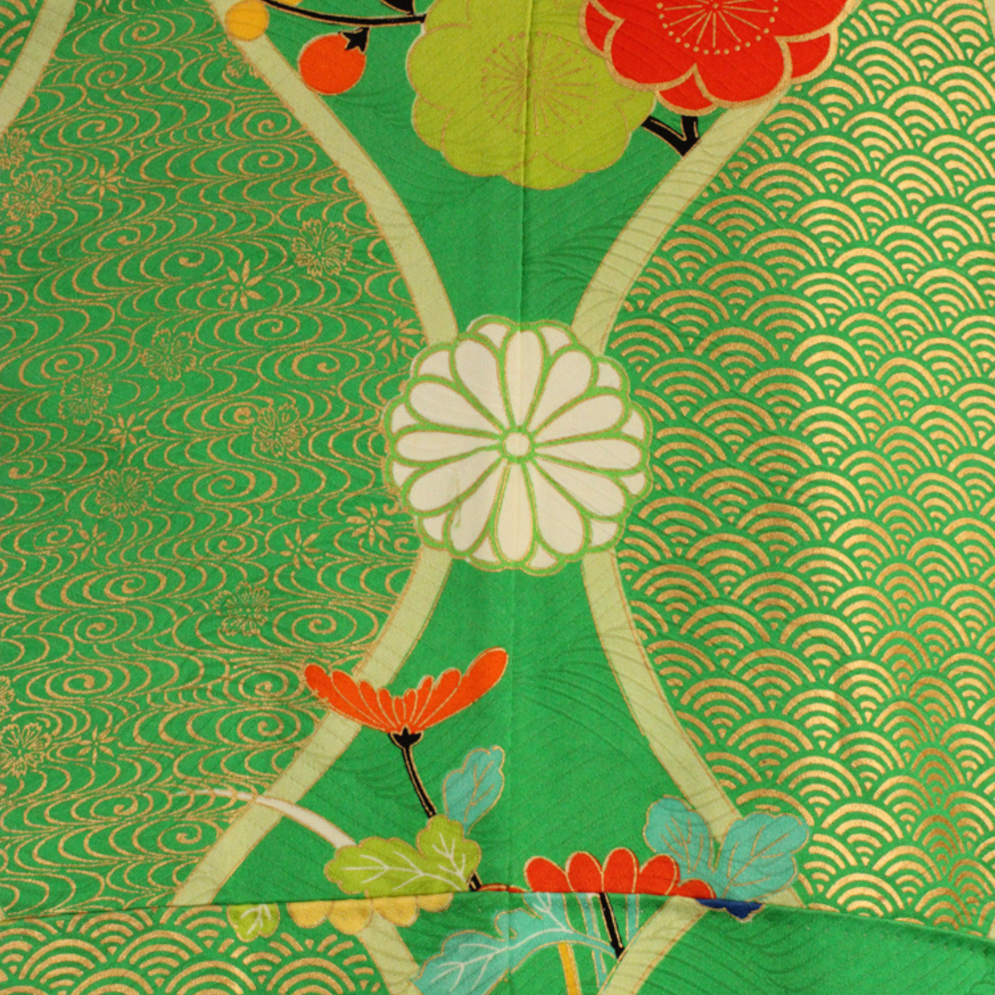 Green and Gold Silk Kimono Coat with Hand Painted Floral Design - Ten Easy Street