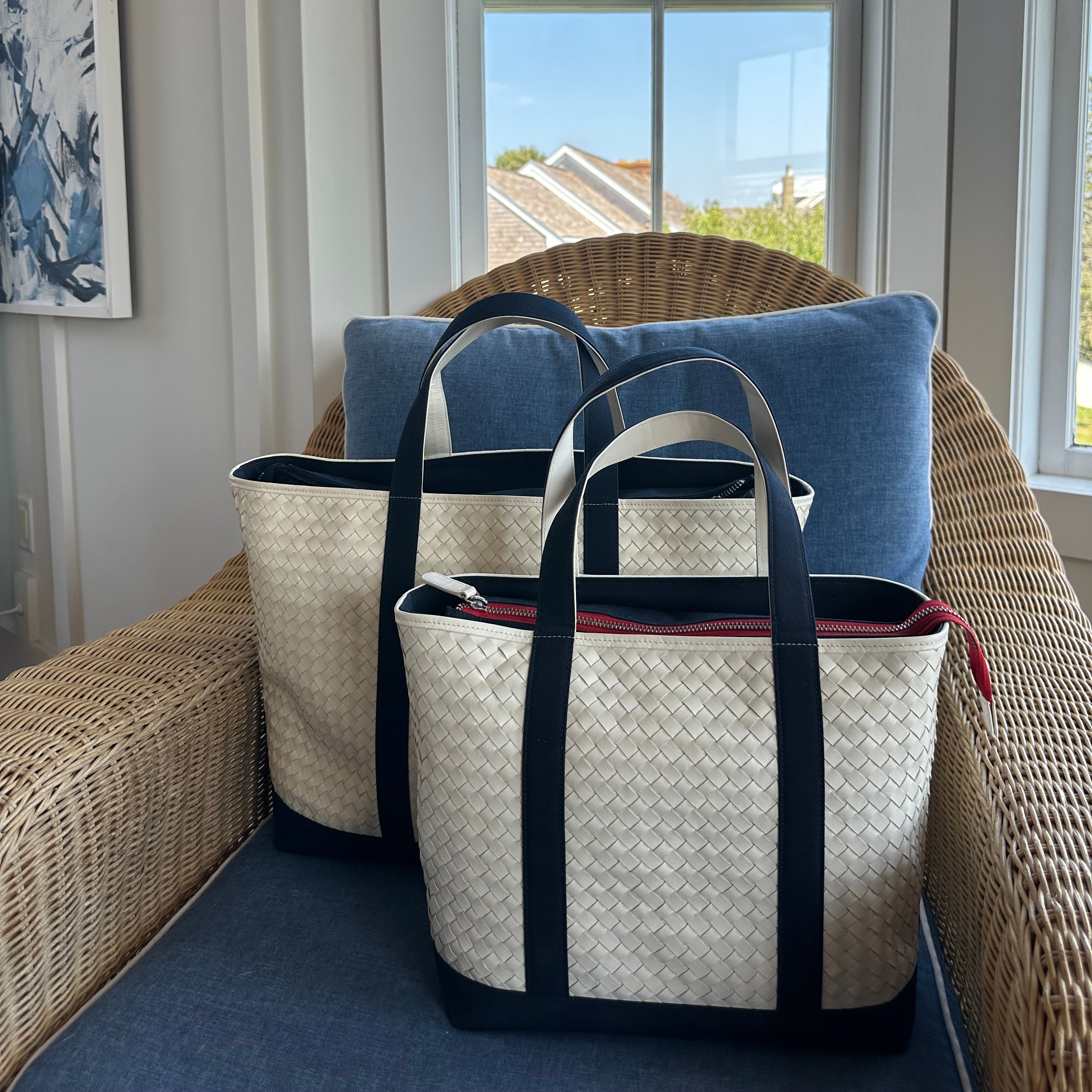 Leather and Sunbrella Canvas Tote Bag in Navy - Ten Easy Street