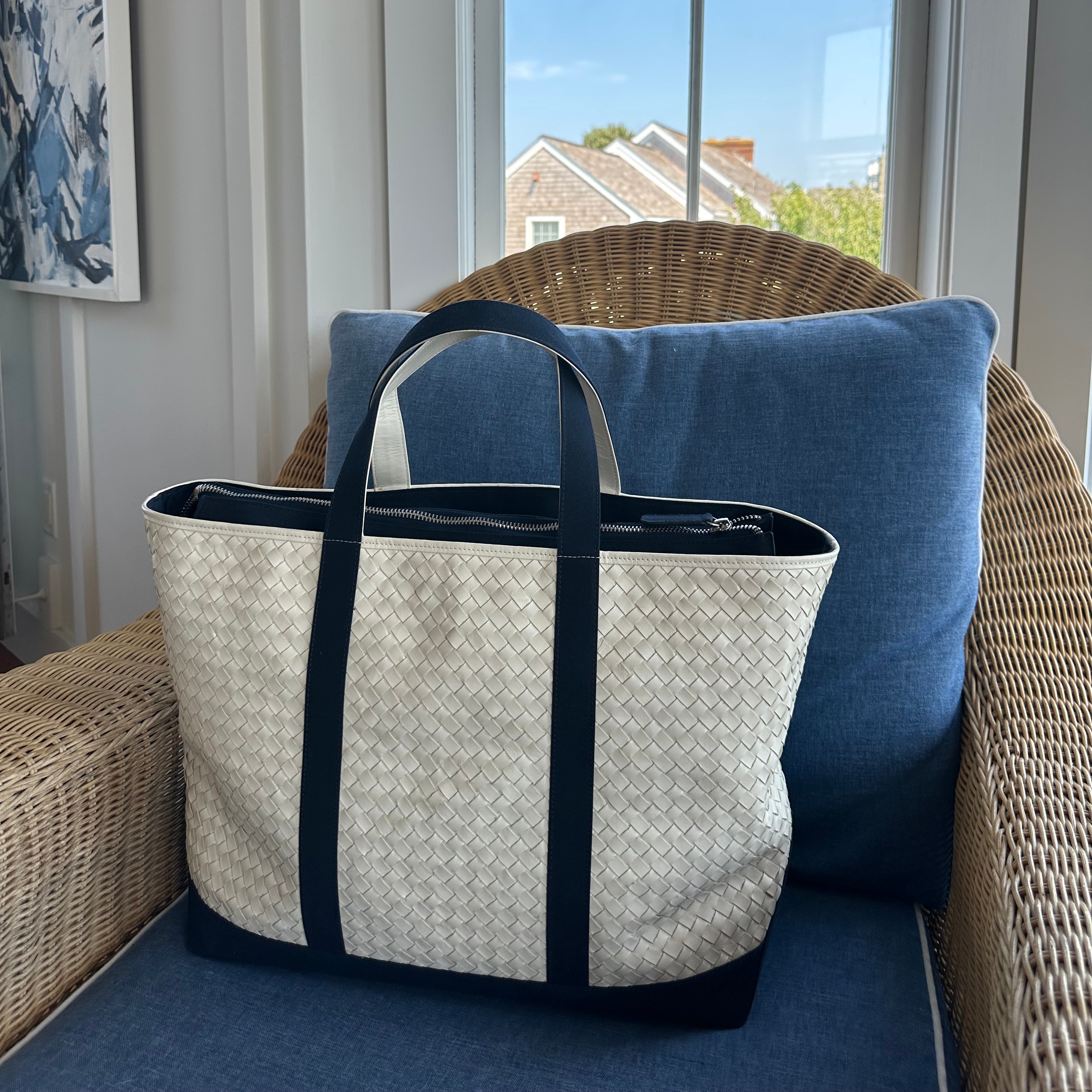 Leather and Sunbrella Canvas Tote Bag in Navy - Ten Easy Street