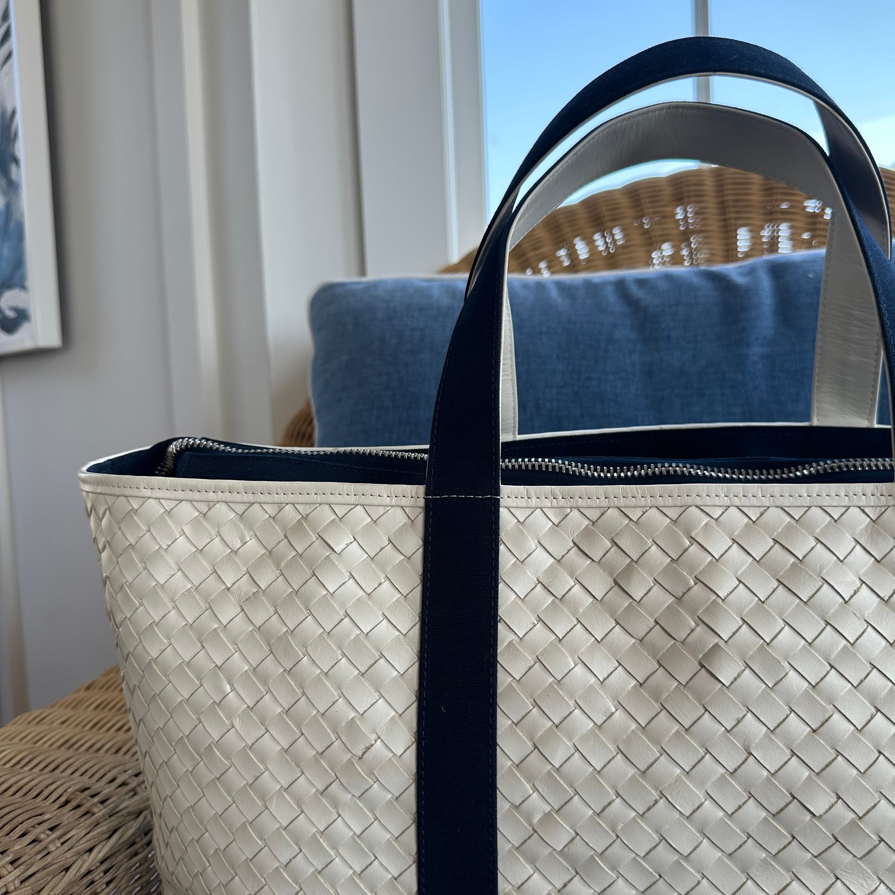 Leather and Sunbrella Canvas Tote Bag in Navy - Ten Easy Street