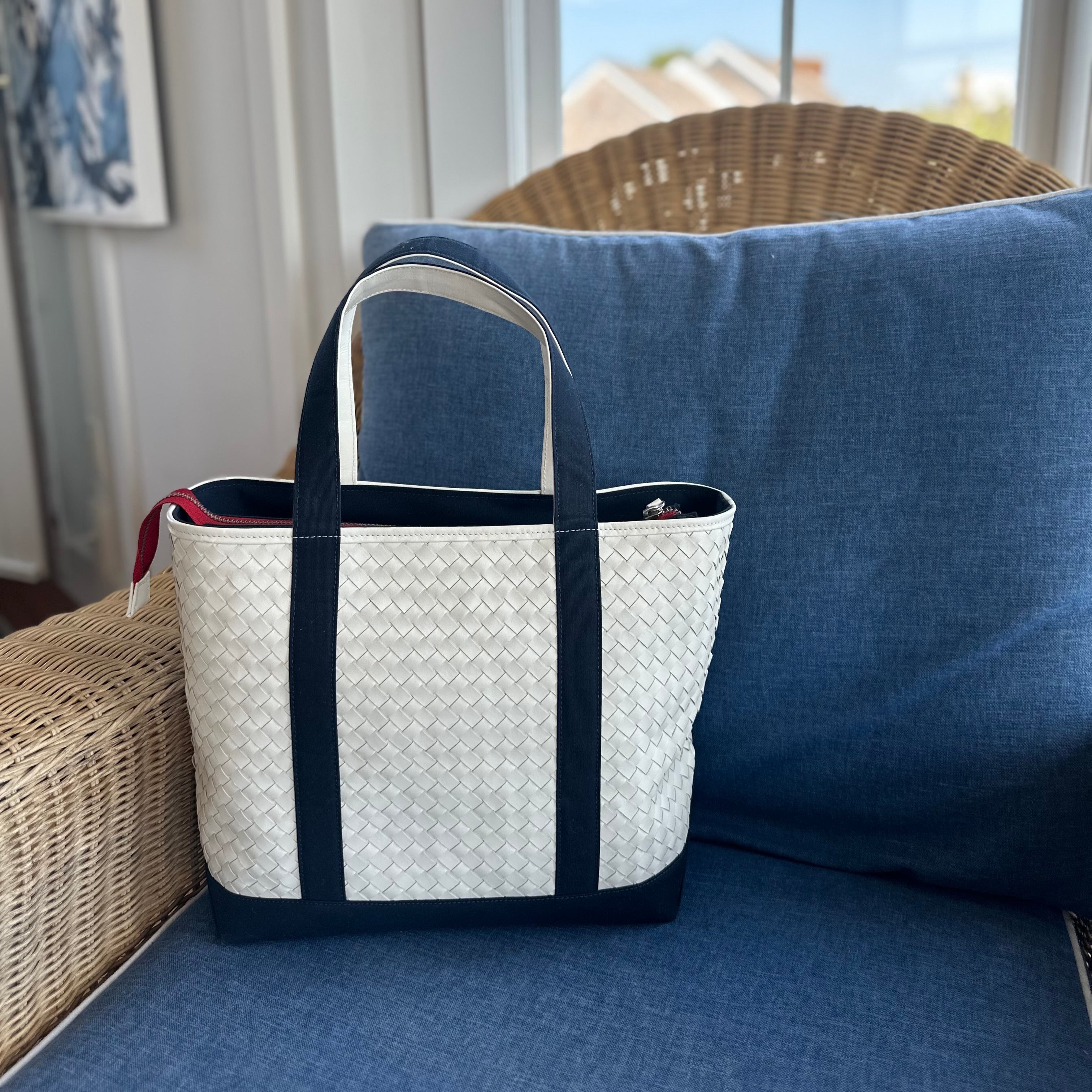 Leather and Sunbrella Canvas Tote Bag in Navy - Ten Easy Street