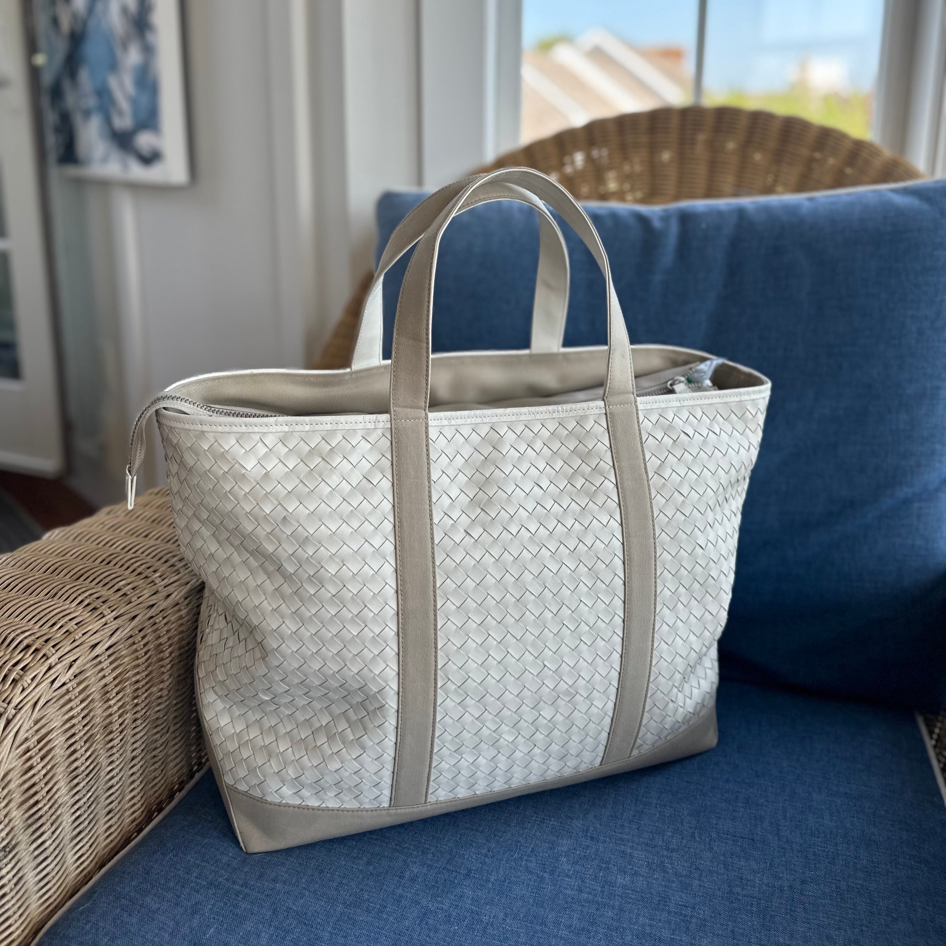 Leather and Sunbrella Canvas Tote Bag in Linen - Fairley Fancy