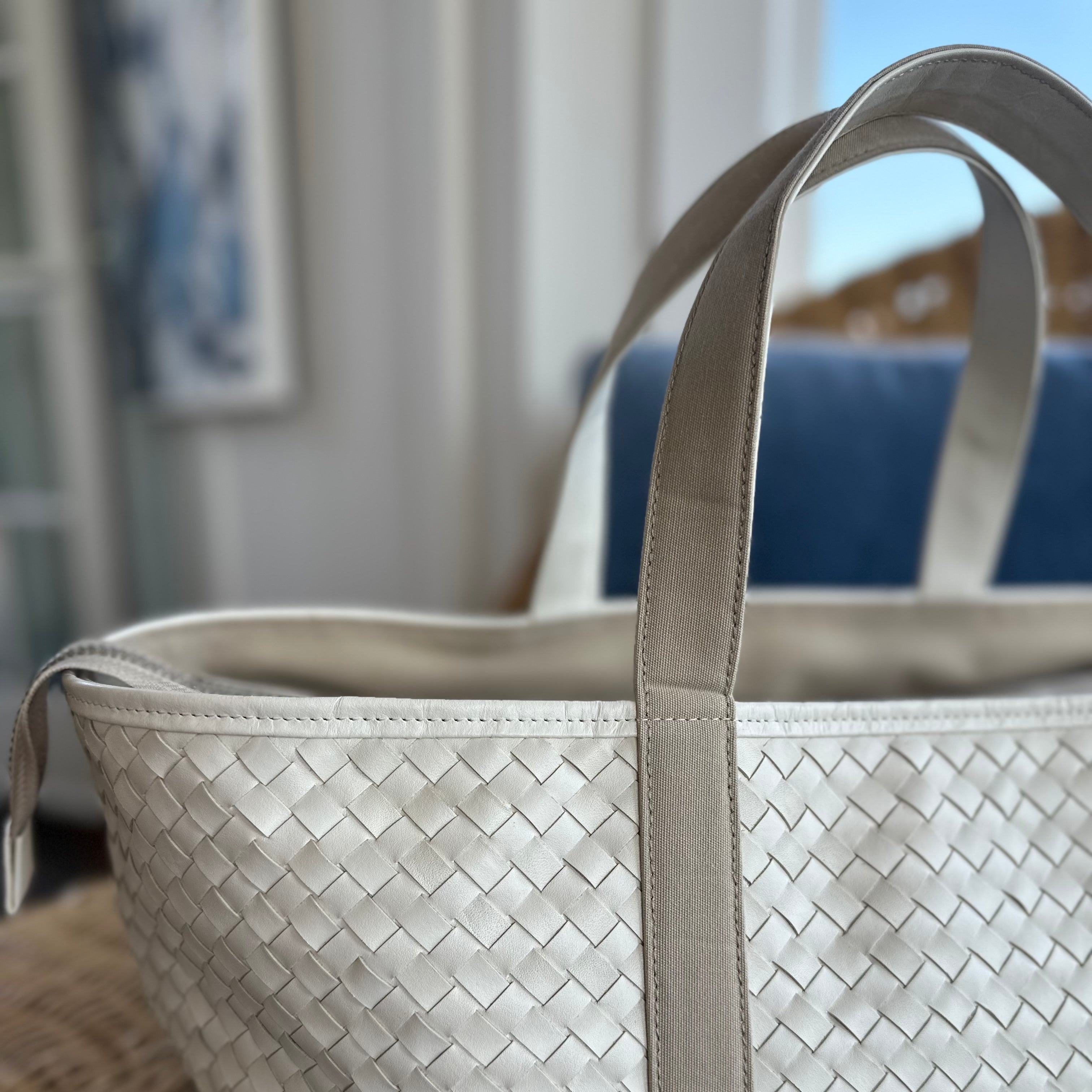 Leather and Sunbrella Canvas Tote Bag in Linen - Fairley Fancy