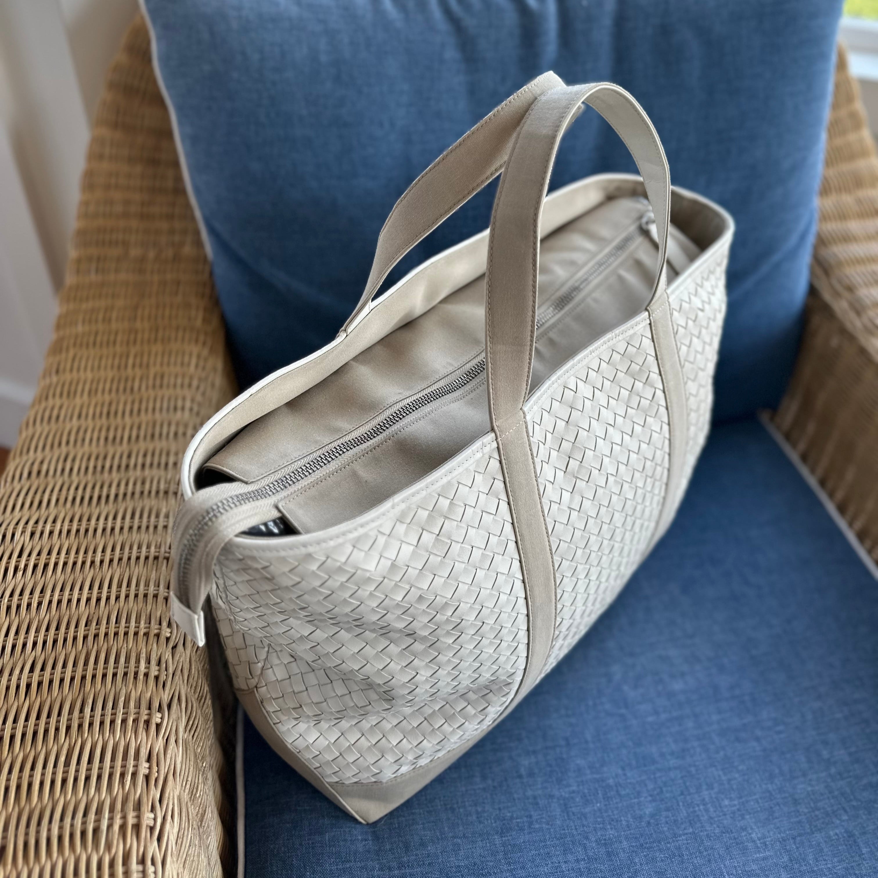 Leather and Sunbrella Canvas Tote Bag in Linen - Fairley Fancy