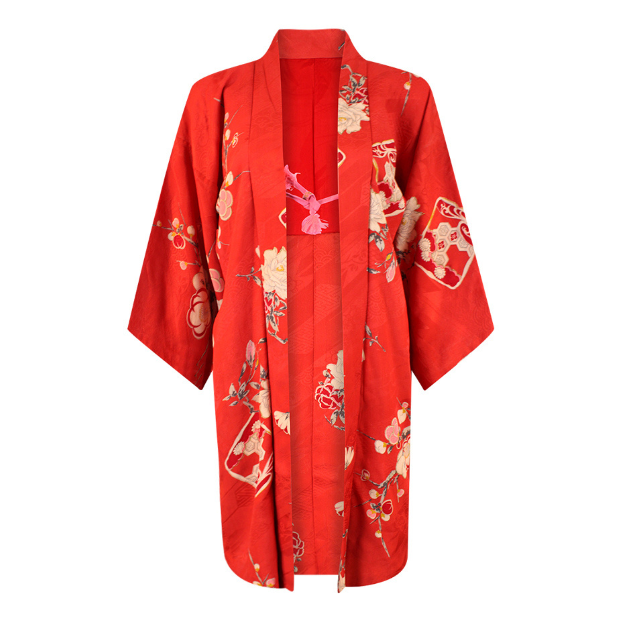 Light Weight Coral Silk Kimono Jacket with Traditional Design - Ten Easy Street