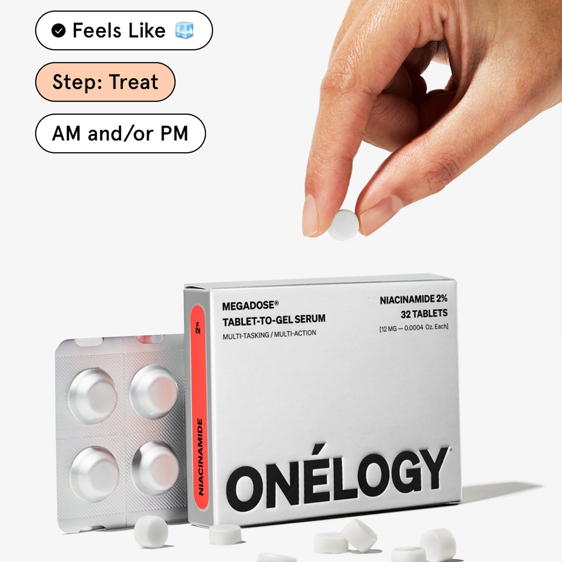 Hand reaching for a box of ONéLOGY tablets with packaging and pills on a white background.