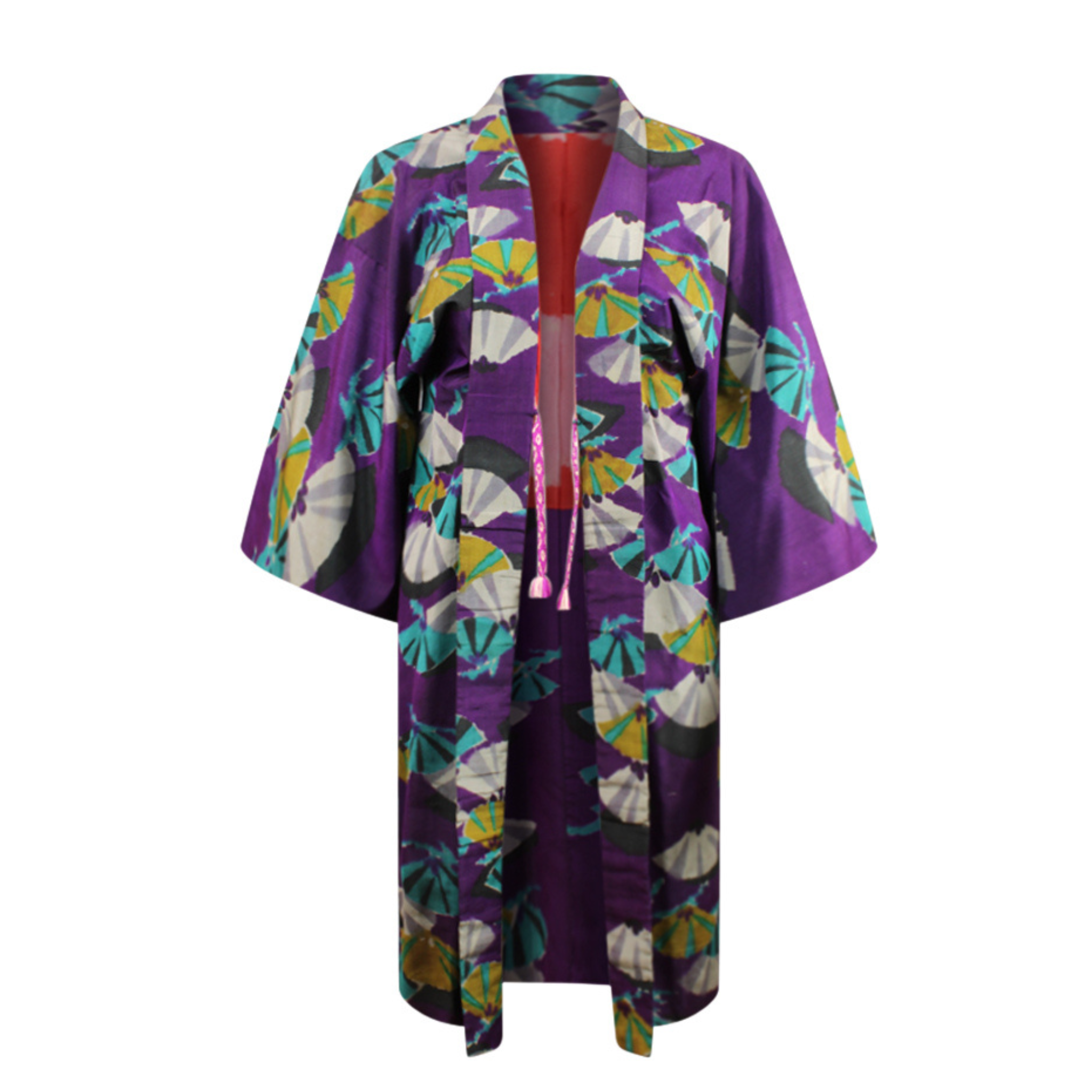 Purple Silk Kimono Jacket with Woven Turquoise Fans - Ten Easy Street