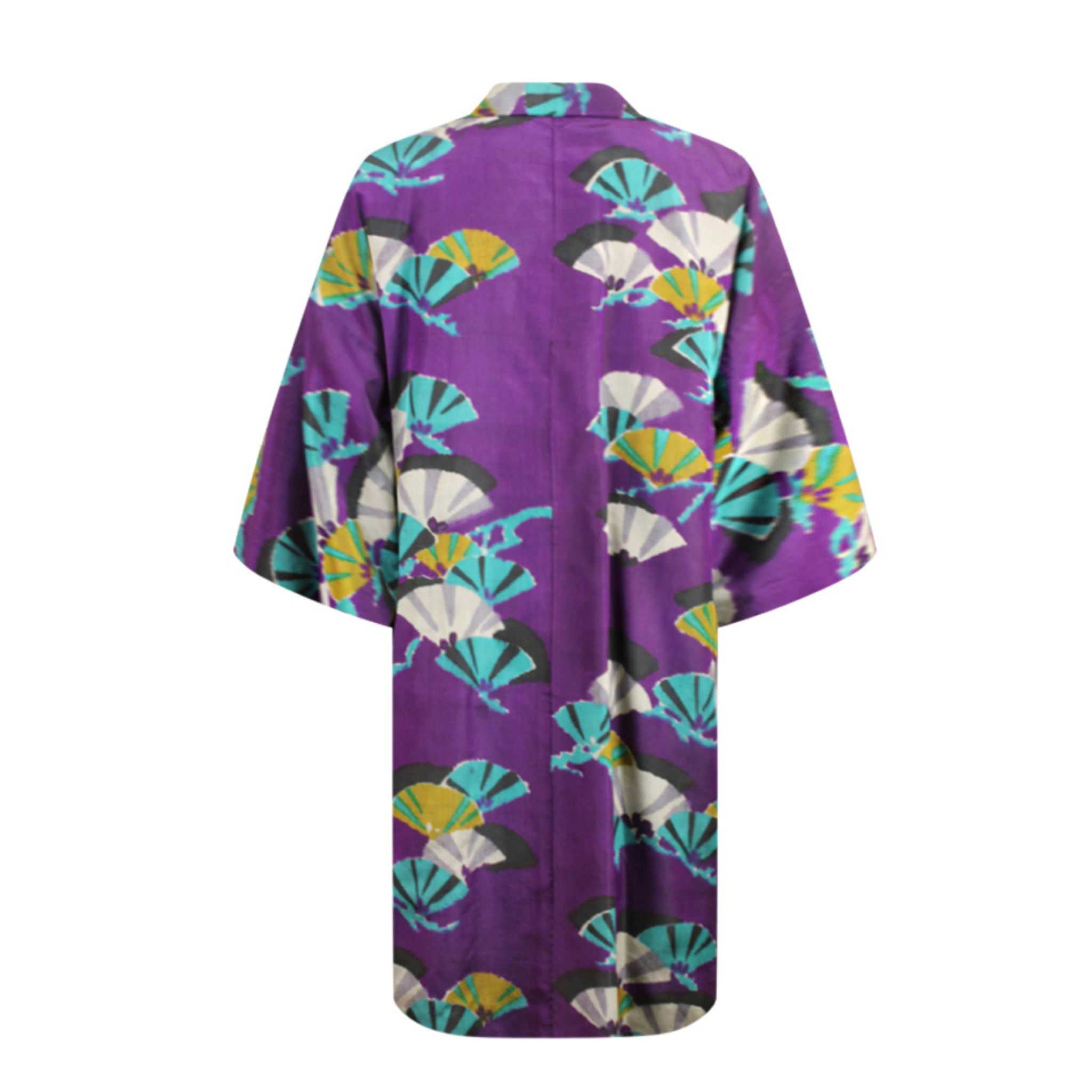 Purple Silk Kimono Jacket with Woven Turquoise Fans - Ten Easy Street