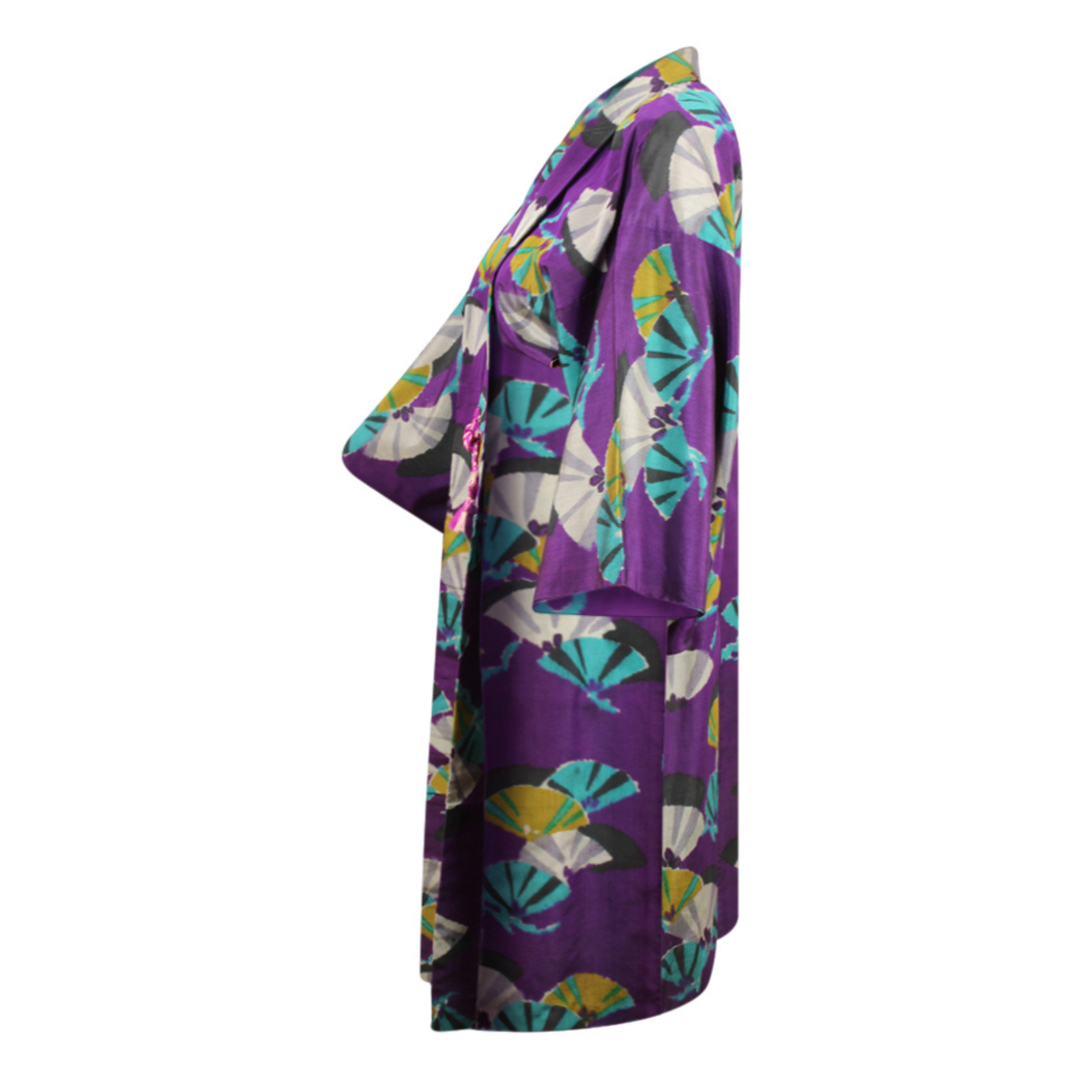 Purple Silk Kimono Jacket with Woven Turquoise Fans - Ten Easy Street