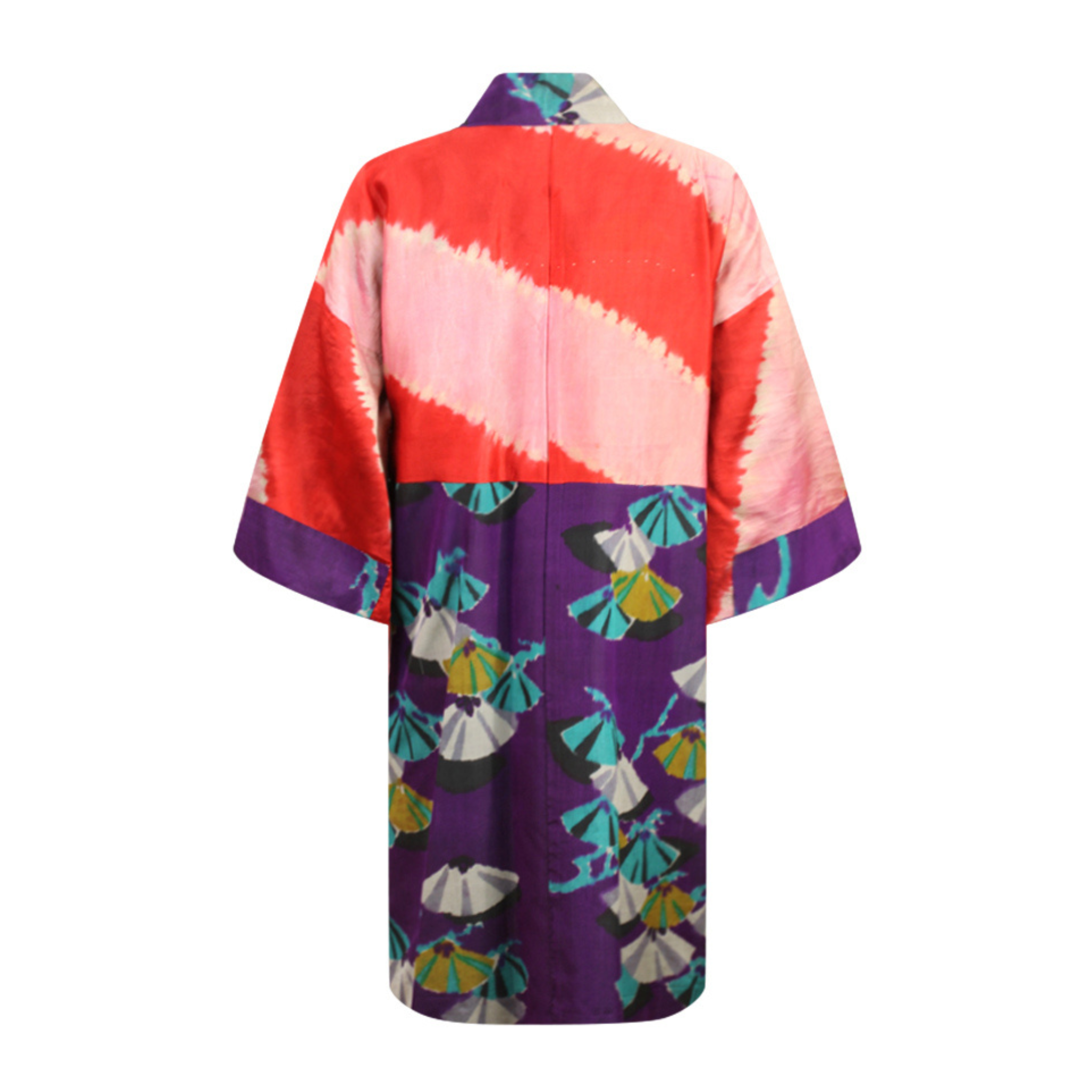 Purple Silk Kimono Jacket with Woven Turquoise Fans - Ten Easy Street