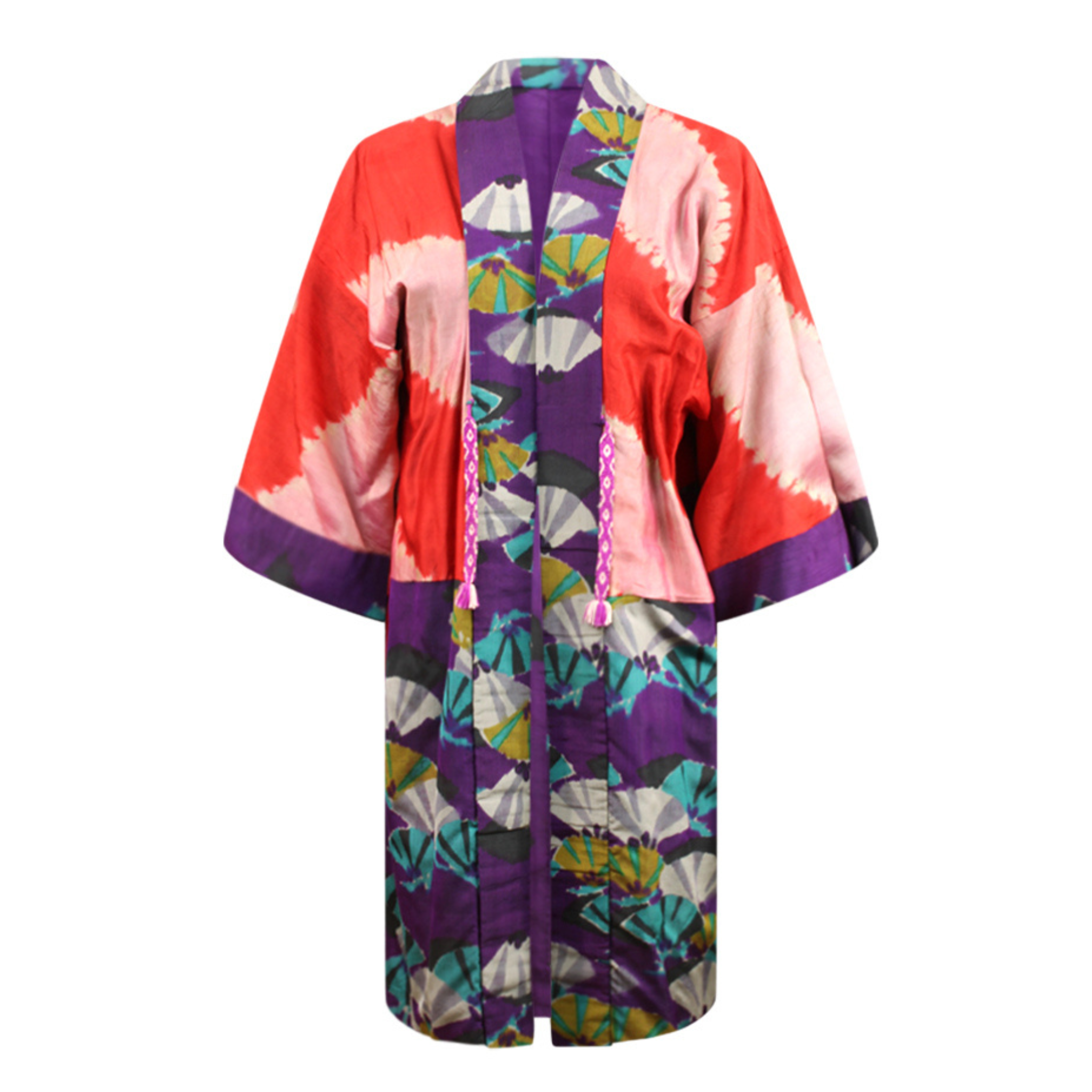 Purple Silk Kimono Jacket with Woven Turquoise Fans - Ten Easy Street
