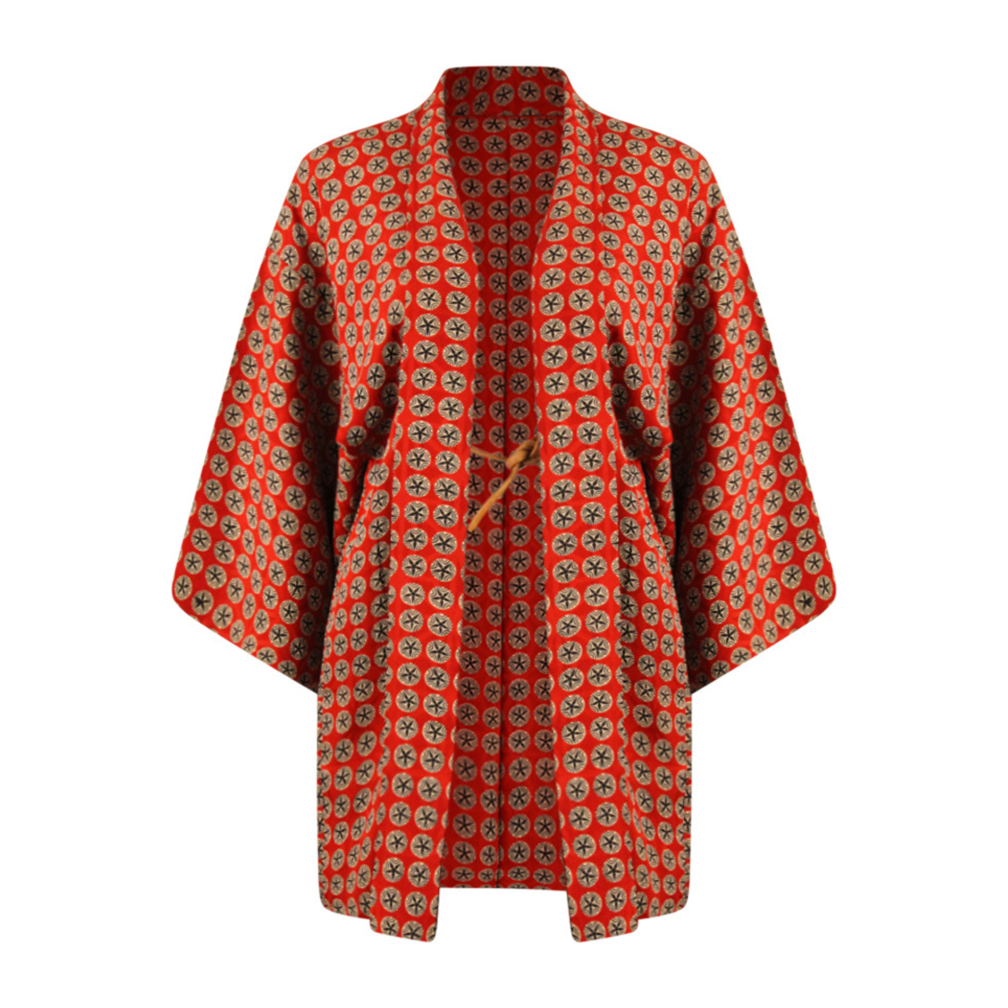 Red Silk Kimono Jacket with White and Black Abstract Symbols - Ten Easy Street