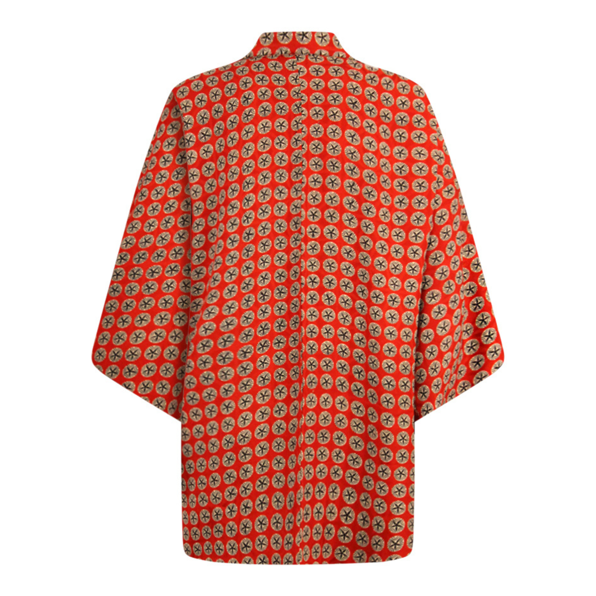 Red Silk Kimono Jacket with White and Black Abstract Symbols - Ten Easy Street