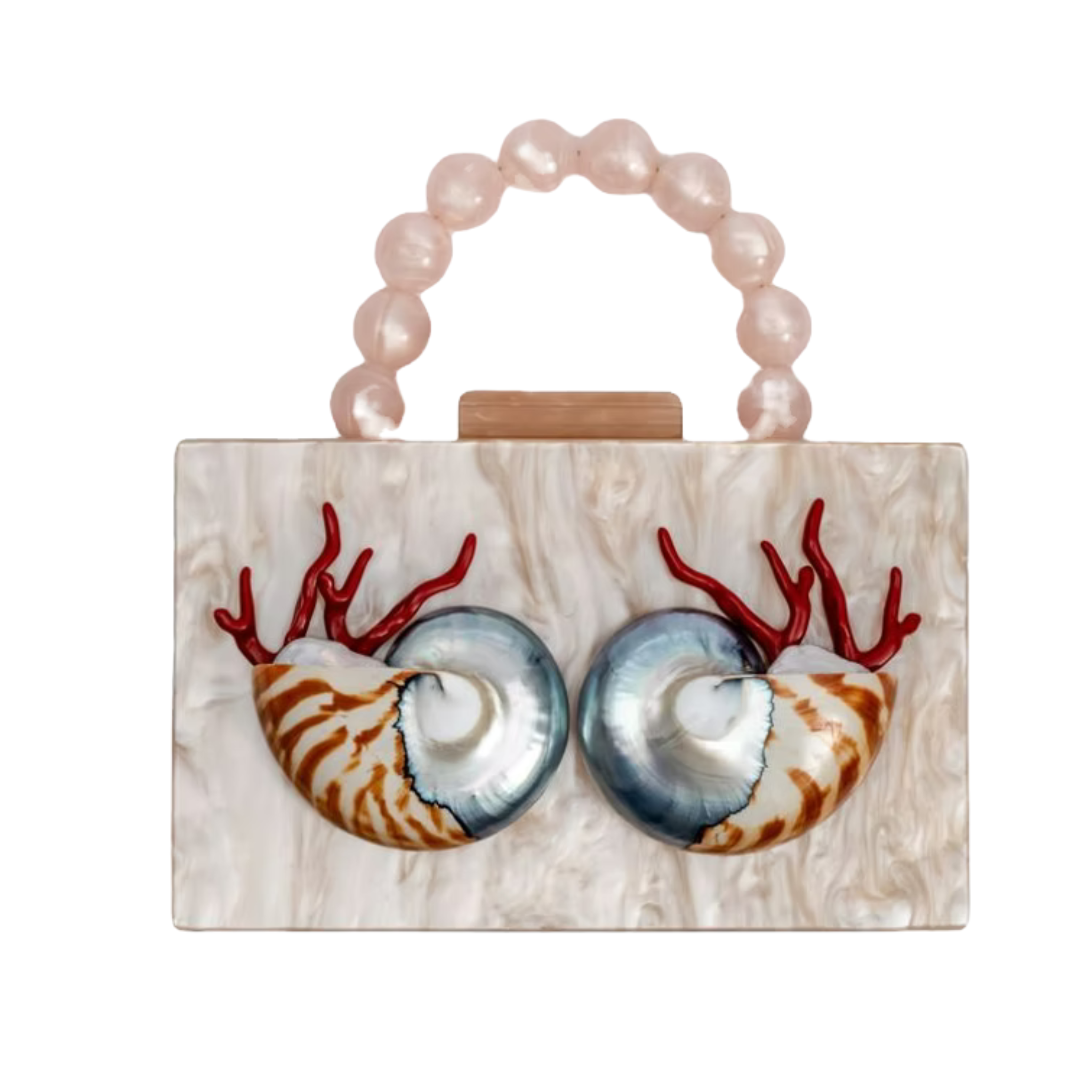 A rectangular clutch handbag with a pearlescent white marbled body, featuring two large shell motifs with red coral-like accents and a light pink beaded handle.