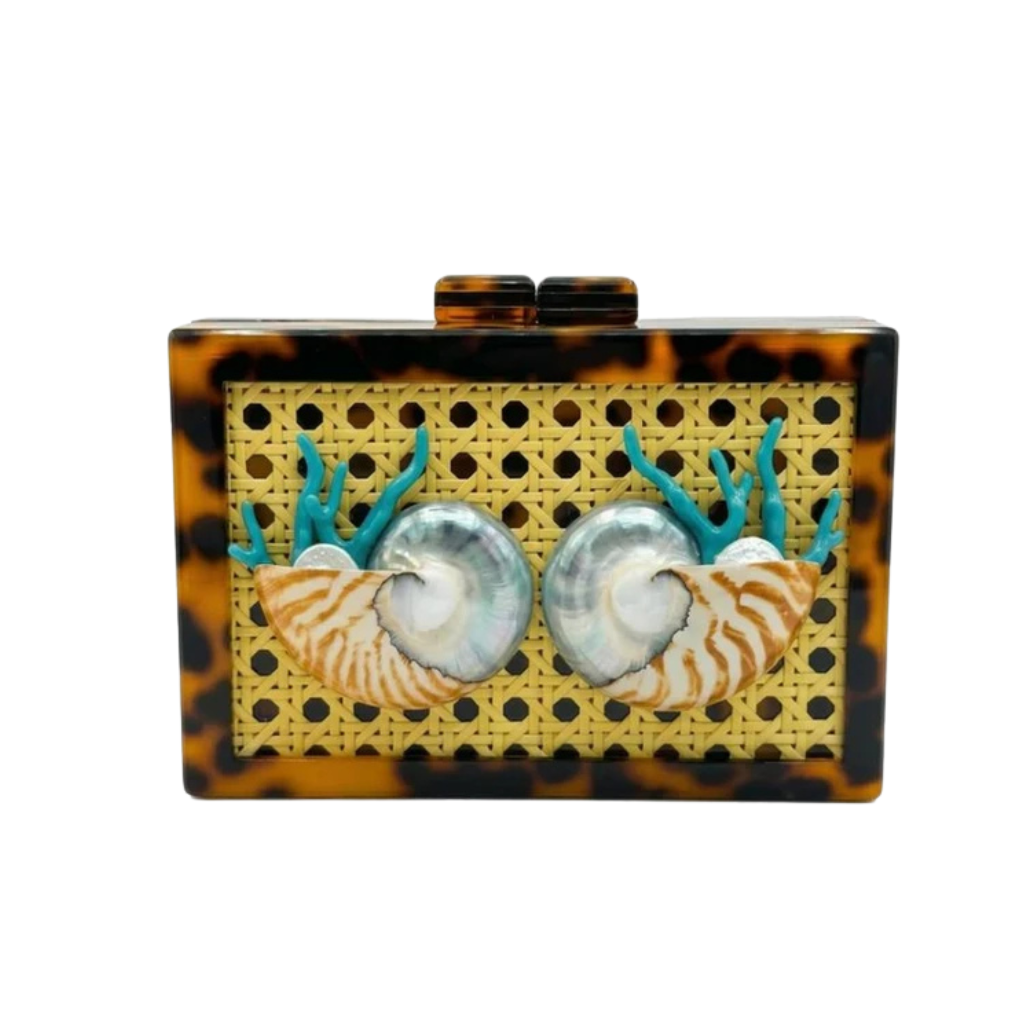 A rectangular clutch bag with a tortoiseshell pattern border and a woven cane center panel, decorated with two large mother-of-pearl shell motifs and turquoise blue coral accents, shown on a plain white background.