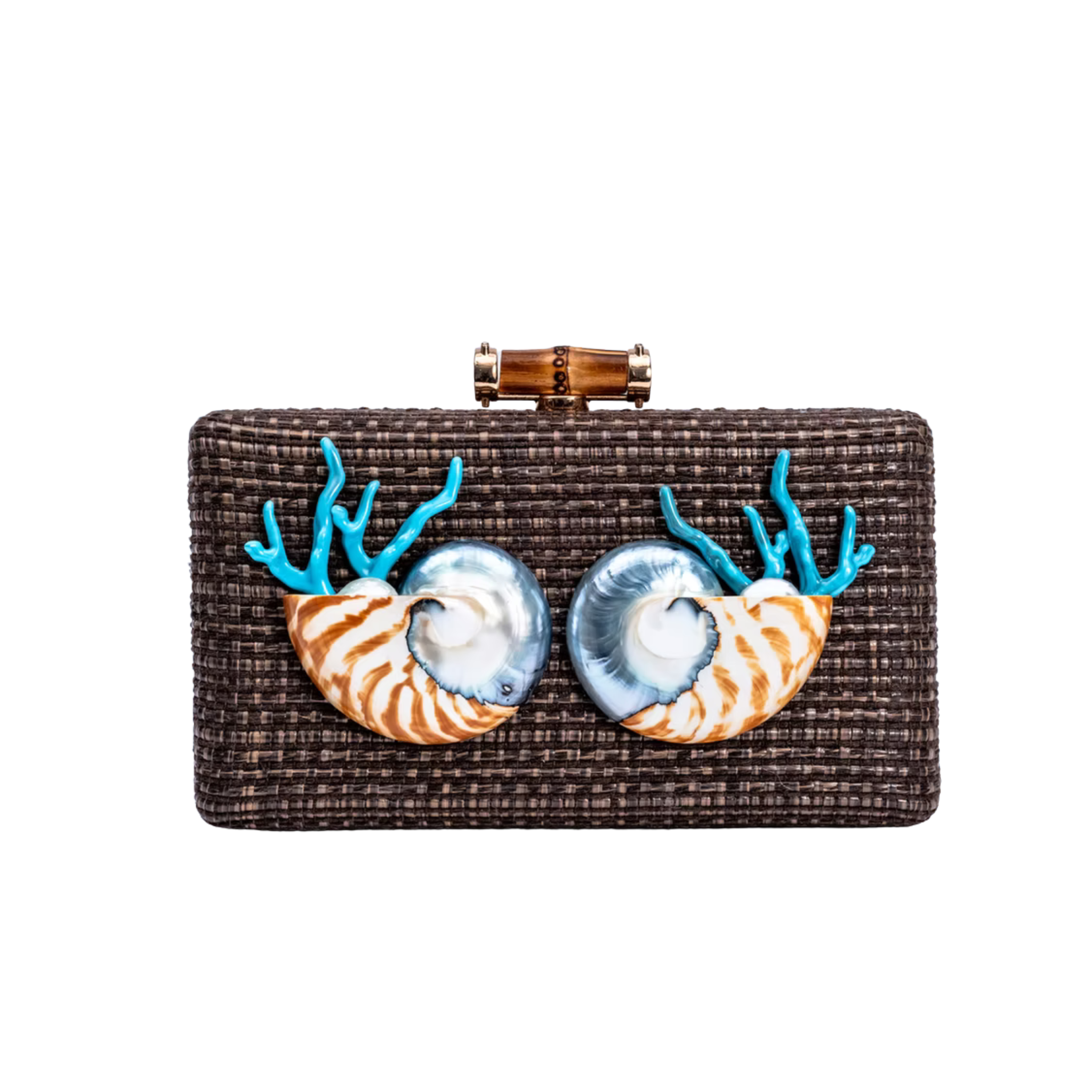 A rectangular woven clutch bag in dark brown with two large decorative nautilus shell designs on the front, accented with bright blue coral-like details and a gold-tone clasp at the top.