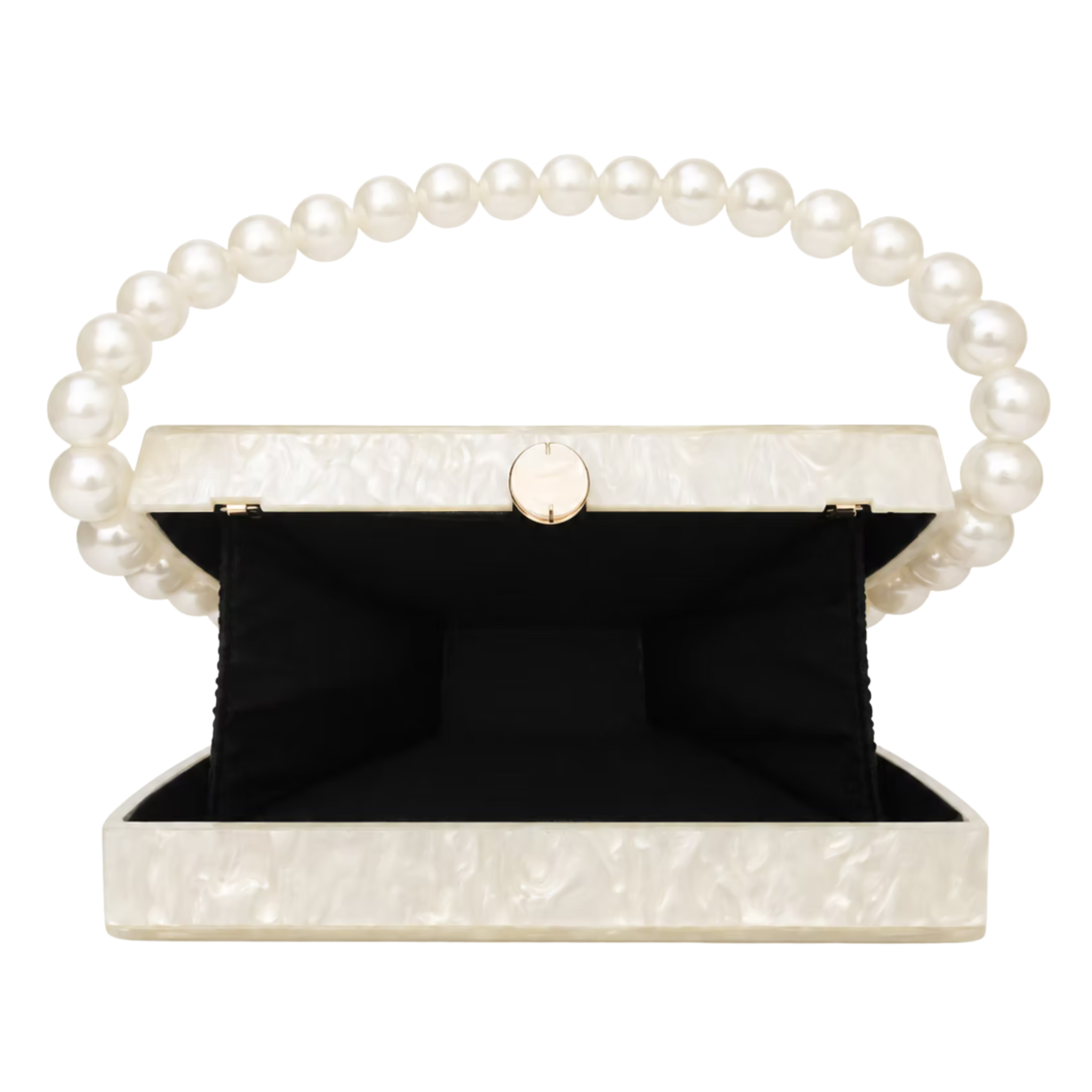 An open pearl evening clutch bag with a black interior lining and a gold-tone clasp, shown on a solid white background.