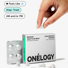 Hand reaching for a box of Onélogy tablets on a white background