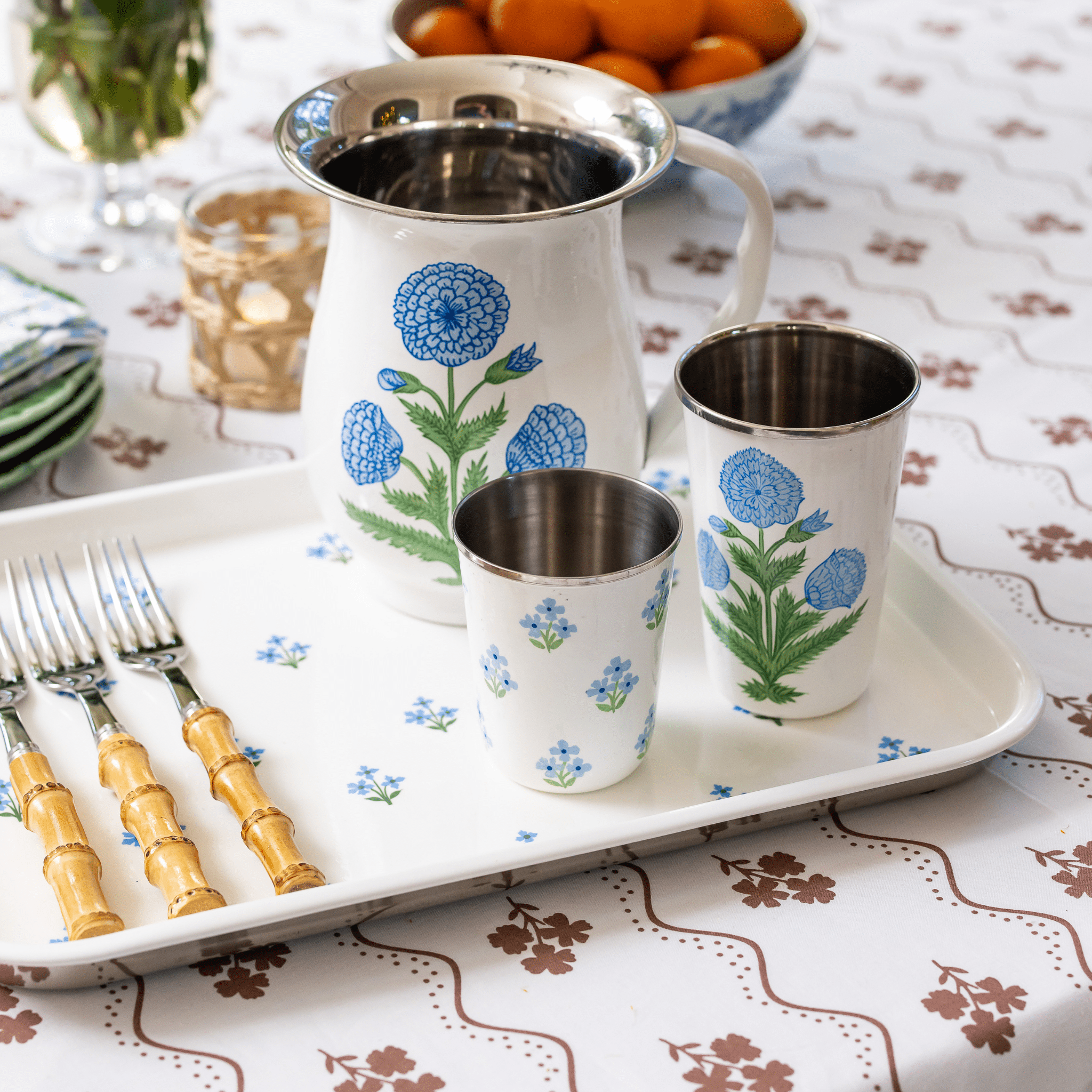 Blue Floral Hand-painted Enamelware Tray-Ten Easy Street