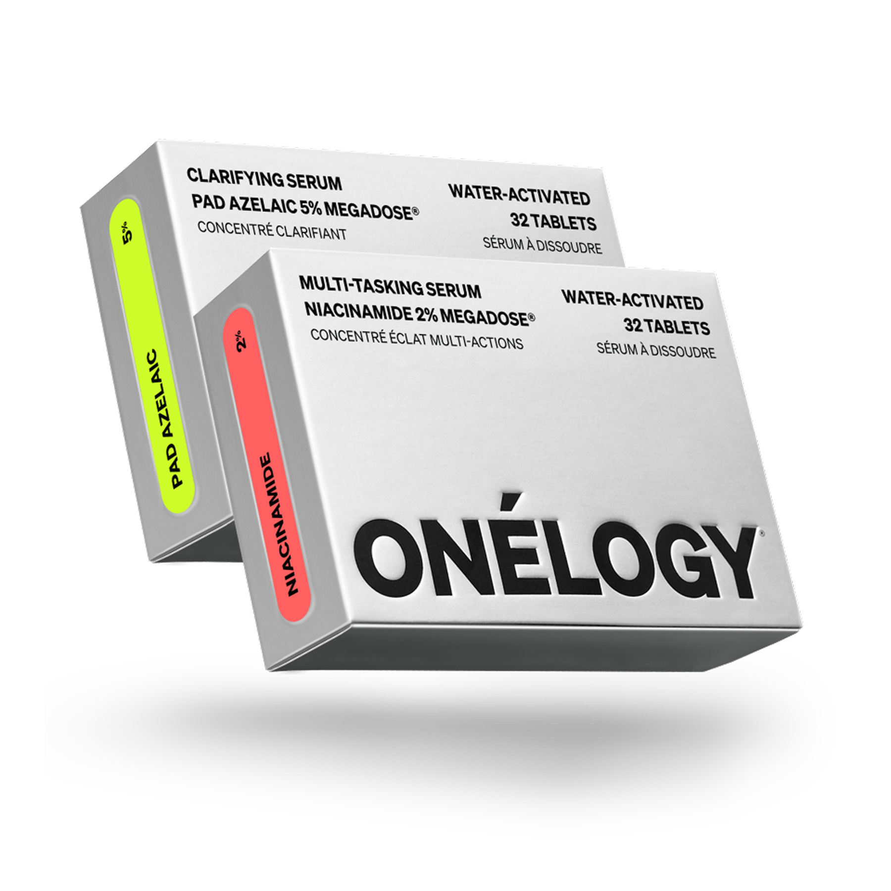Two boxes of Onélogy skincare products on a white background
