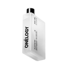 Clear bottle with black cap and text on a white background