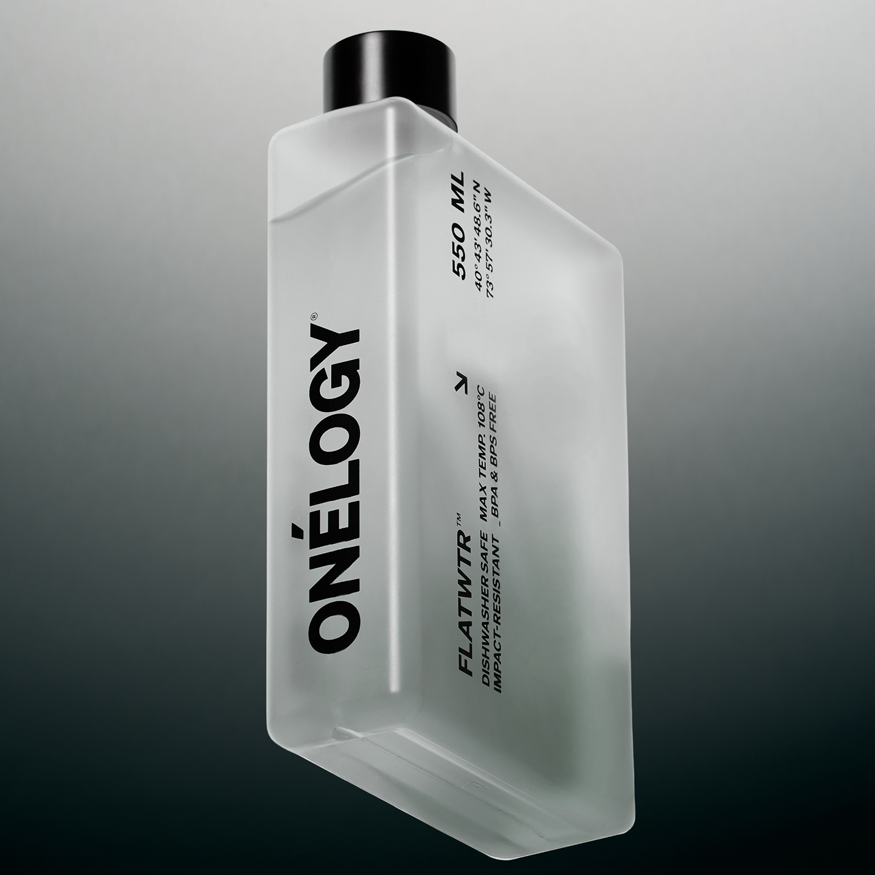 Clear bottle with black cap labeled 'ONELOGY' on a gradient gray background