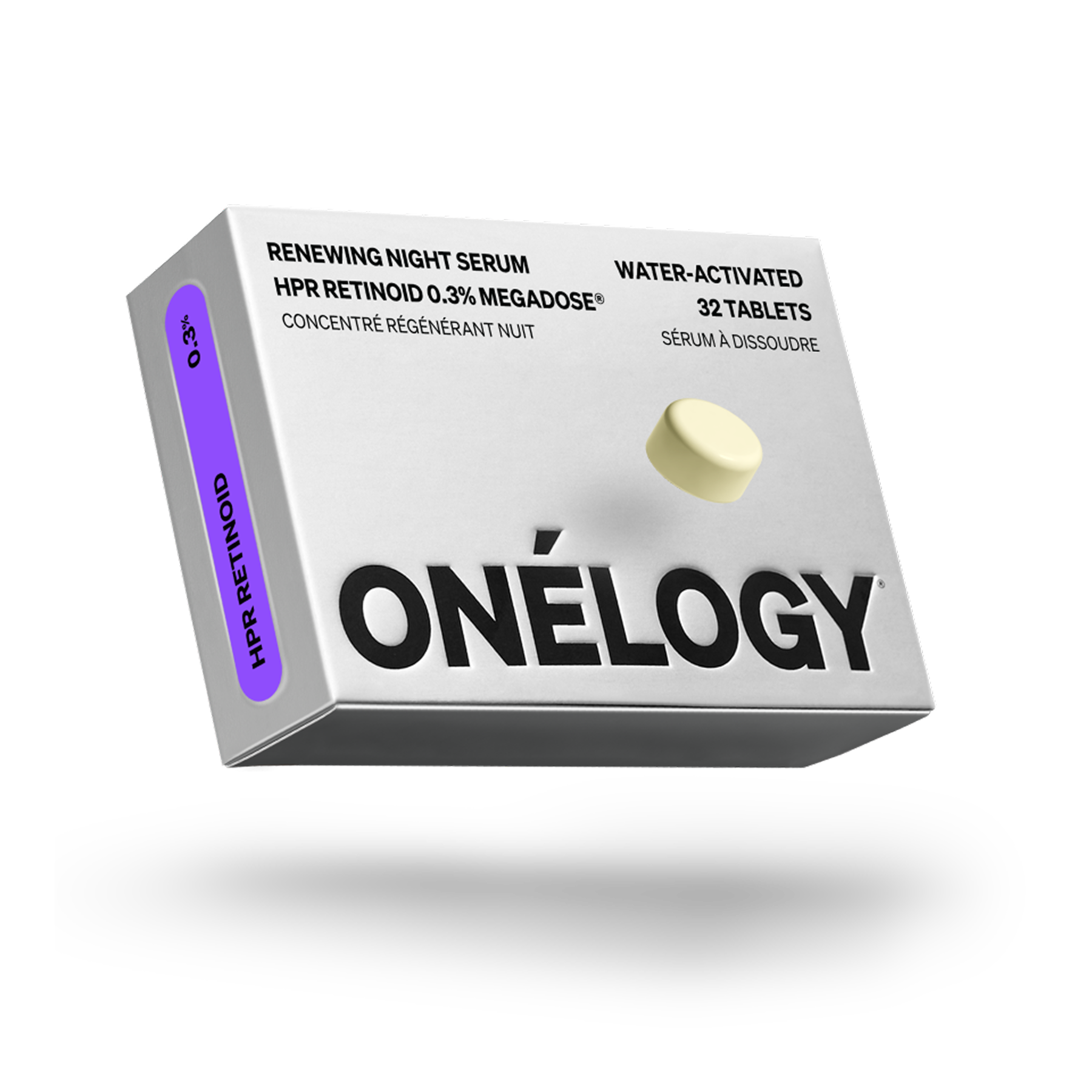 Onélogy renewing night serum packaging with a tablet on a white background
