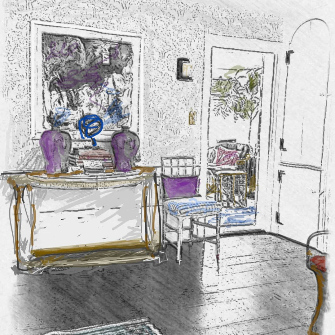 Sketch of a room with furniture and decor elements