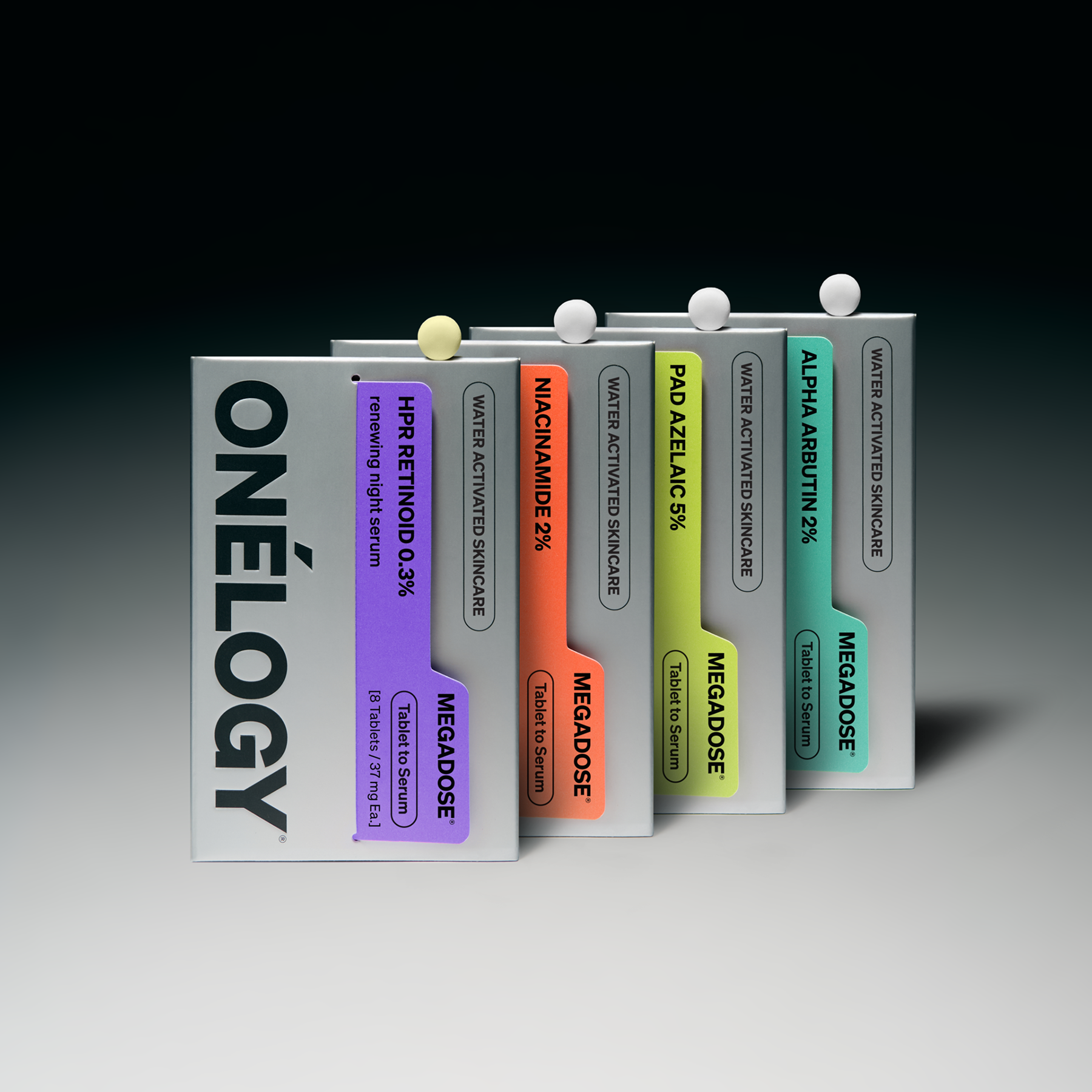 Collection of ONéLOGY product boxes on a gradient background