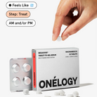 Hand reaching for a box of ONéLOGY tablets with packaging and pills on a white background.
