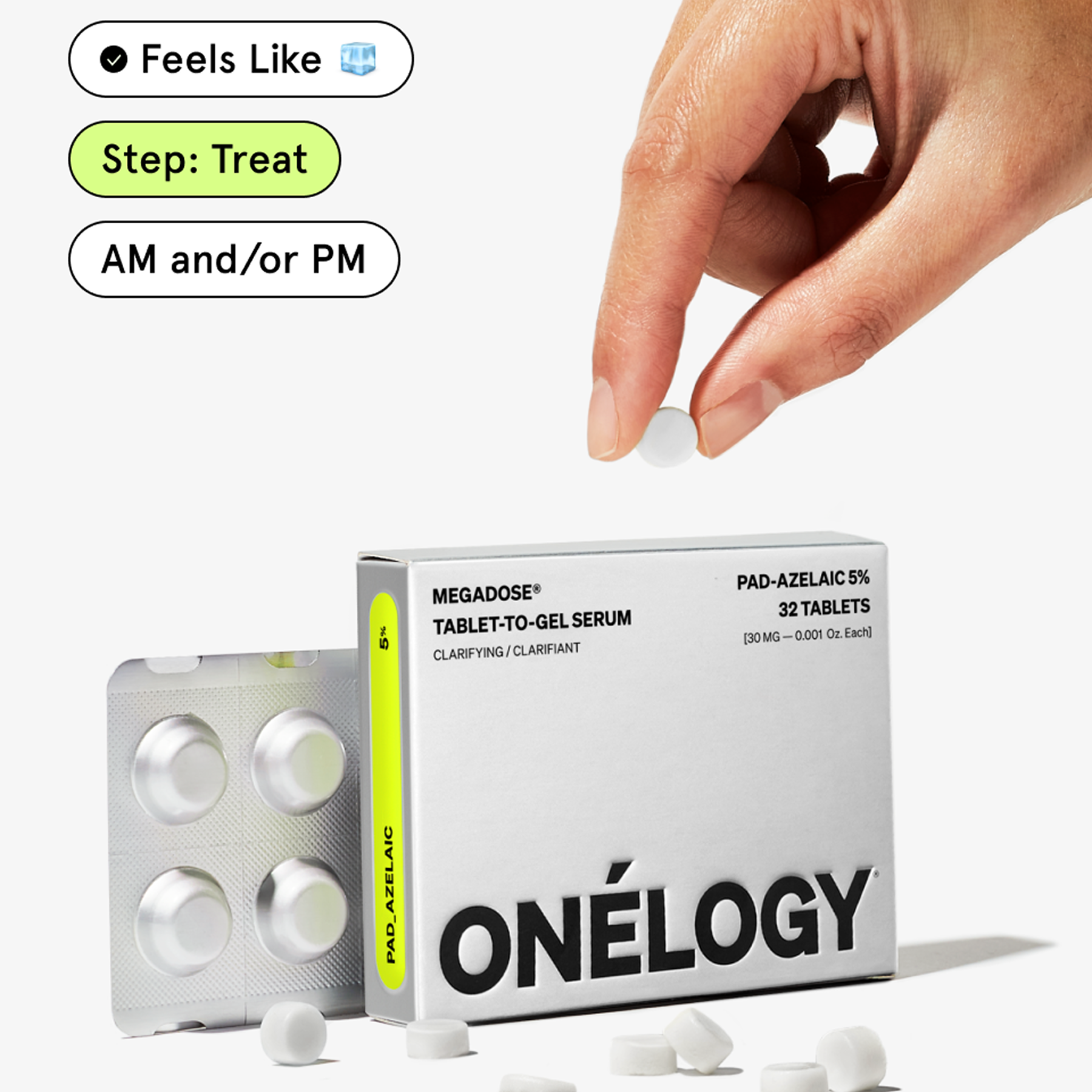 Onélogy tablet packaging with a hand reaching for it on a white background
