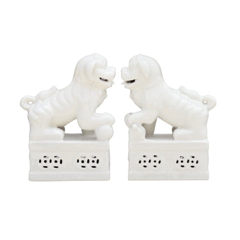 Hand Made White Porcelain Foo Dog Male and Female, Set of 2 - Ten Easy Street