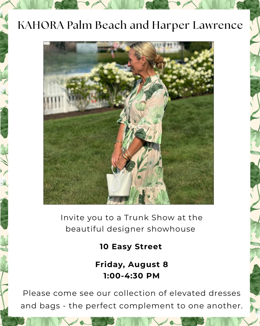 Advertisement for a trunk show at KAHORA Palm Beach and Harper Lawrence with a woman in a floral dress.